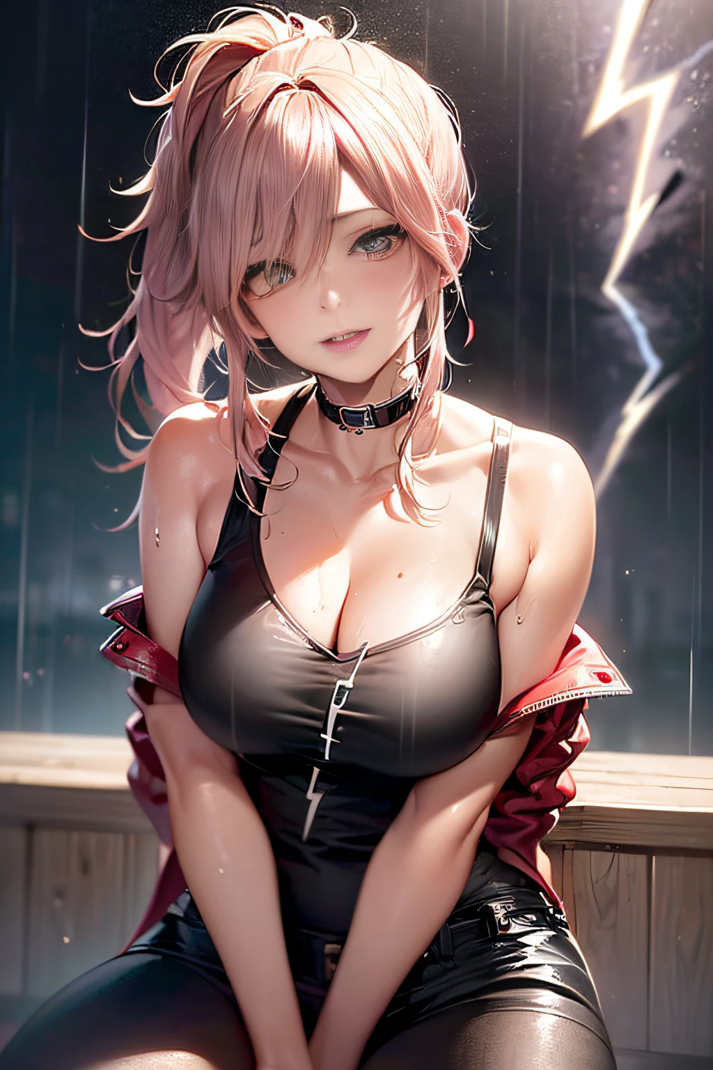 (Lightning illuminating the dark sky:1.7),Stormy night, (Rain pouring down on a tomboy:1.3), creating a dramatic and moody atmosphere.
Drenched tomboy,piercings,Punk rock fashion,Open jacket with chain,Punk rock shirts,Punk rock pants with chain,Chain Accessories,a choker,(The whole body is soaking wet,Rainwater dripping from the face,Wet face,wetting hair,Wet and glowing skin,Soaking wet costumes,),(Glossy silver and orange two-tone hair,Short ponytail),(The composition of the princess's face,large full breasts,Pointed lips,red lipsticks,Cute round face,A smile that makes the viewer happy,blushing with embarrassment,red blush,),Bold sexy poses,crouching down,
(in 8K, Raw photo, Best Quality, masutepiece,),(Realistic,Extreme detail photo,Digital SLR,),(Image Mode Ultra HD),