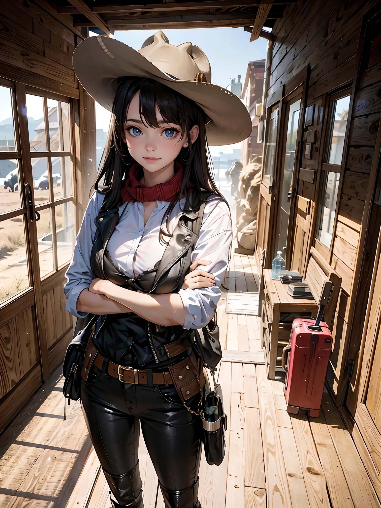 (Masterpiece, high quality), (best quality), (intricate details), (blurry background), 1girl sky blue eyes, long dark hair ponytail, scarf, duster coat over long sleeves shirt, big cleavage, jeans, bullet belt, (western holster:1.1), (colt single action army revolver), full body, old west, (wild west:1.2), american western old town, outdoors, ( sunset sky:1.4), (cowboy western:1.1), unpaved road, Tumbleweed on road