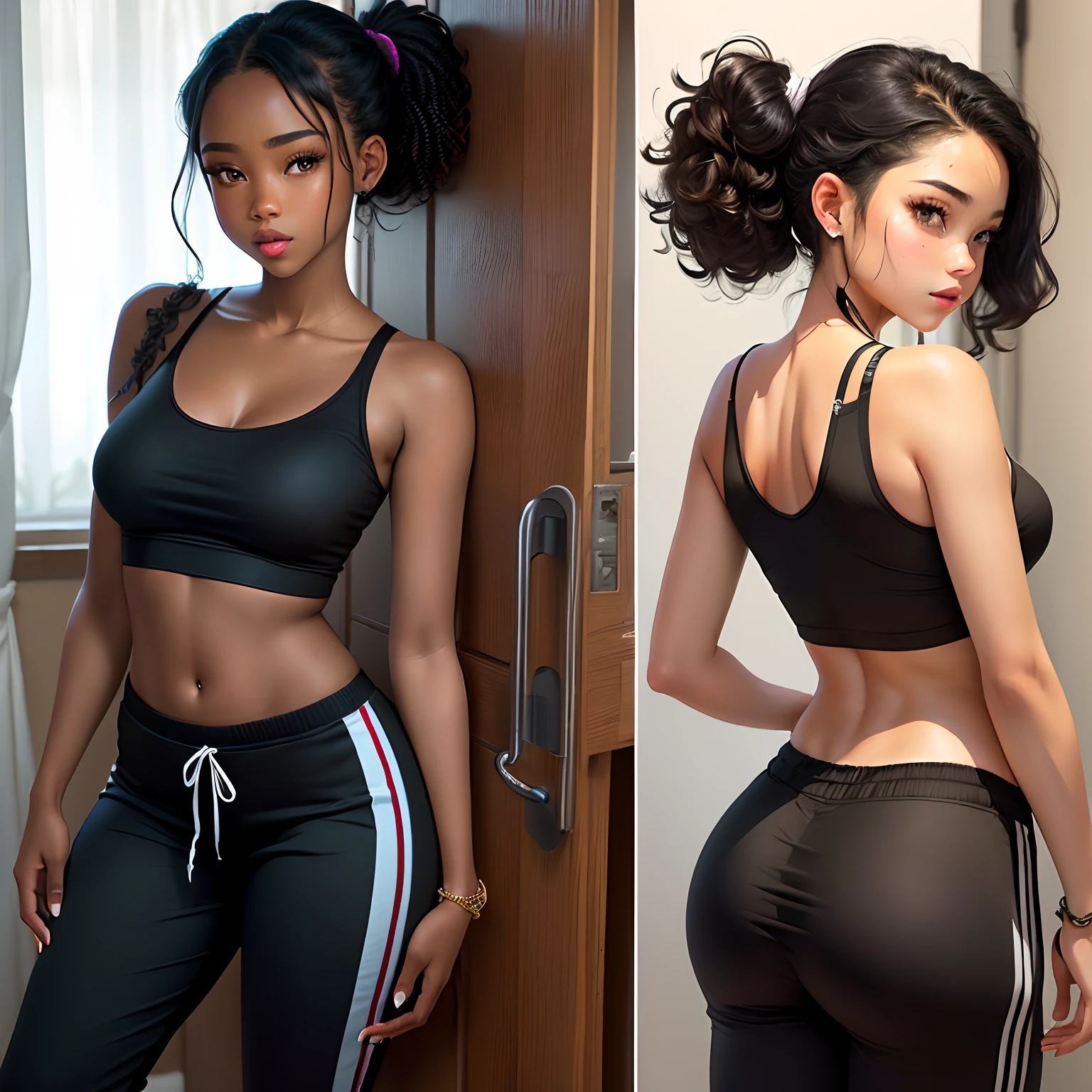 Black girl tight black sweat pants  black top black hair