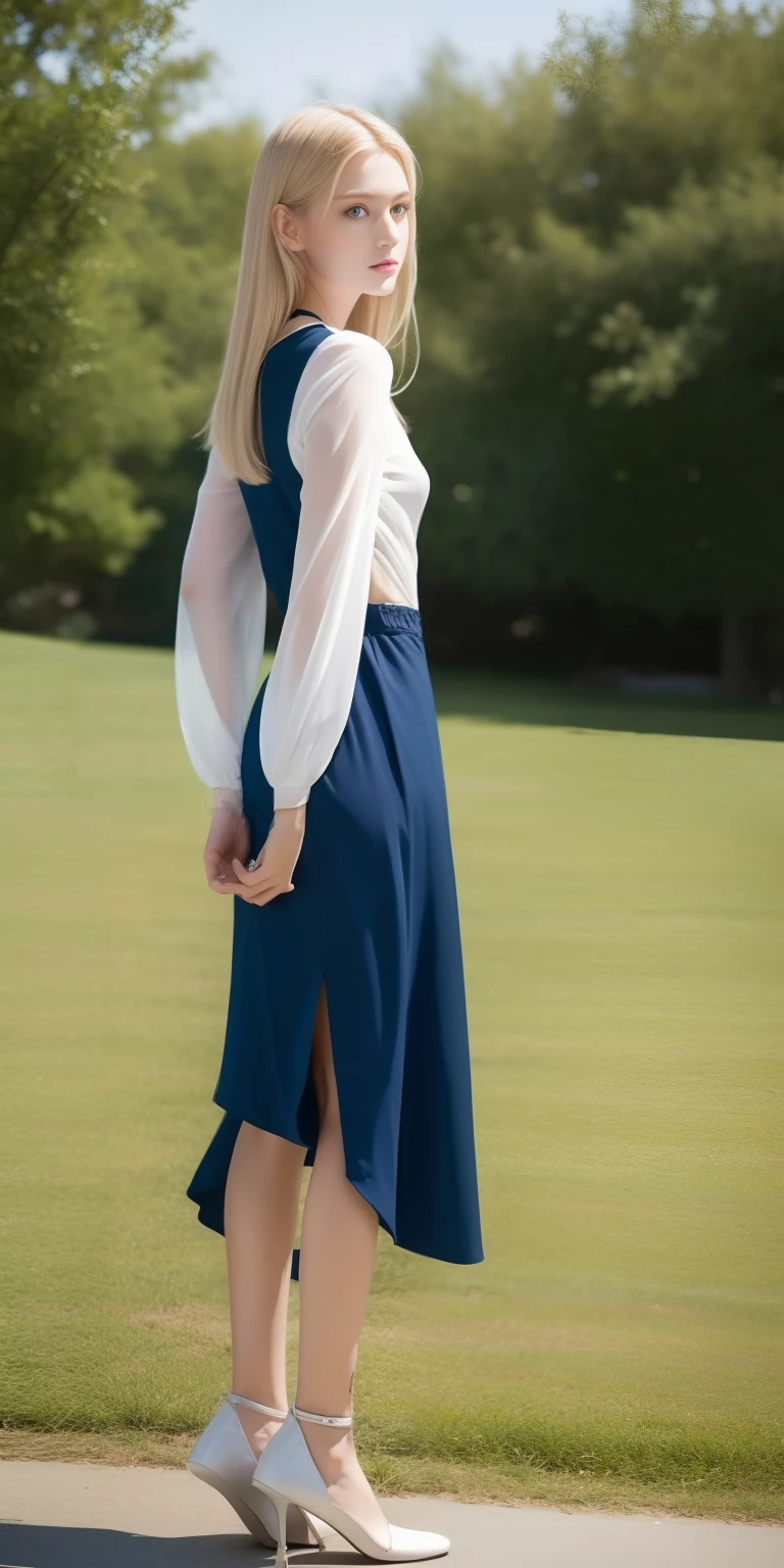 Beautiful woman in fantastic space, Tight ultra-thin dress gold, 18K, {{masutepiece}}, Best Quality, High quality:1.4), {{[[front look}}, eye_Contact,Various photo actions)]], Very Clean Face, And very pretty eyes, Cute Images, (((Full body photo))),（（beautiful legs））, Perfect body proportions，（Slim sexy body）, （177 meters）, Solo, Long legs, lovely, ，Adorable, pale skin, {{18〜22-year-old German girl}}, Beautiful German girl with platinum blonde hair color with blue eyes or green eyes), Young German girl in scandinavia,Modern tailoring garments，see thru clothes，outside of house，𝓡𝓸𝓶𝓪𝓷𝓽𝓲𝓬，Faraway view