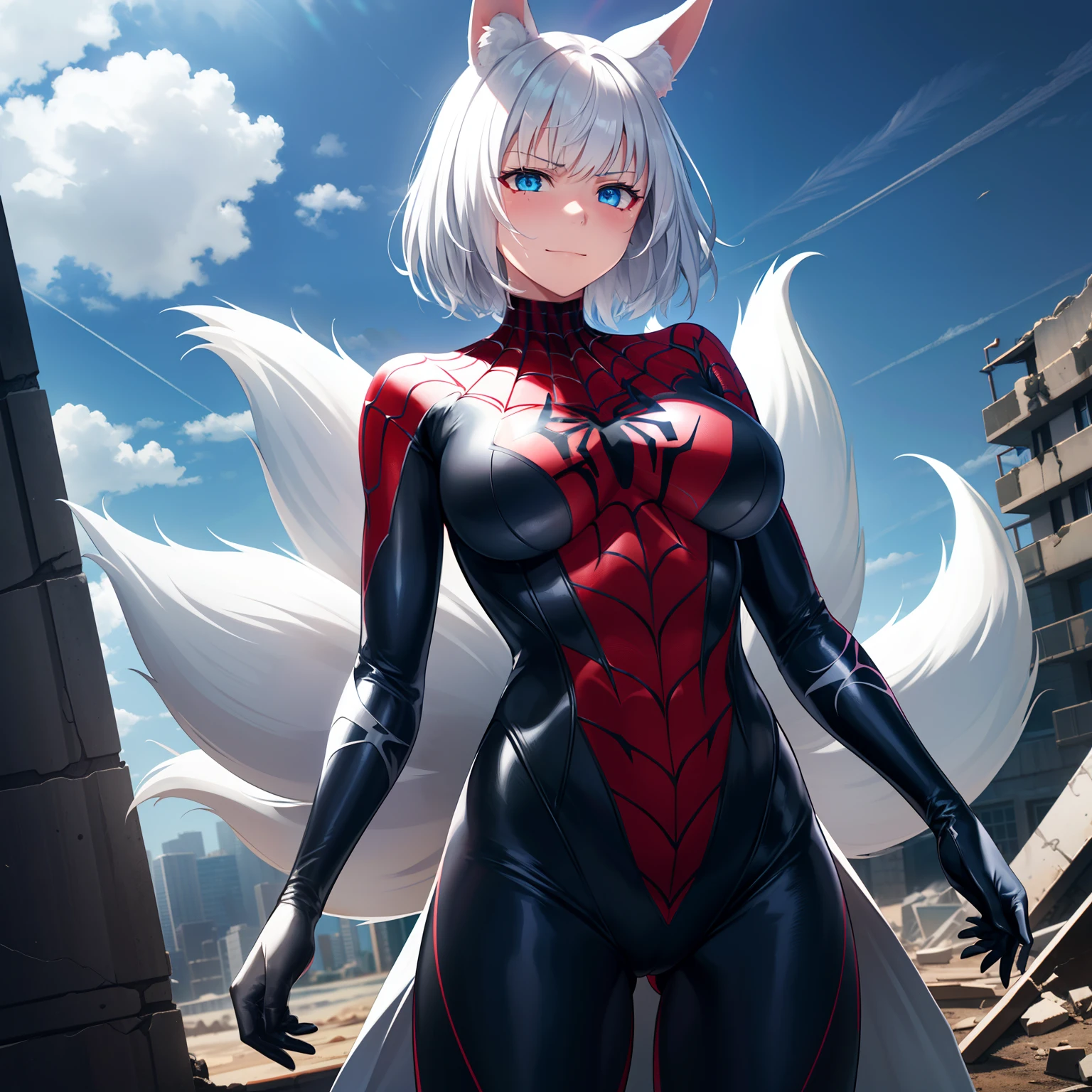 1girl,big breasts,standing in ruined city,(8k),scratches,detailed face,white hair,blue eyes,medium hair,embarassed,small smile face,high_res, high_definition,the battlefield,Heroic pose,dark suit,fox_ears, fox_tails,white tails,nine tails,(symbiote spider man Custome:1.1),