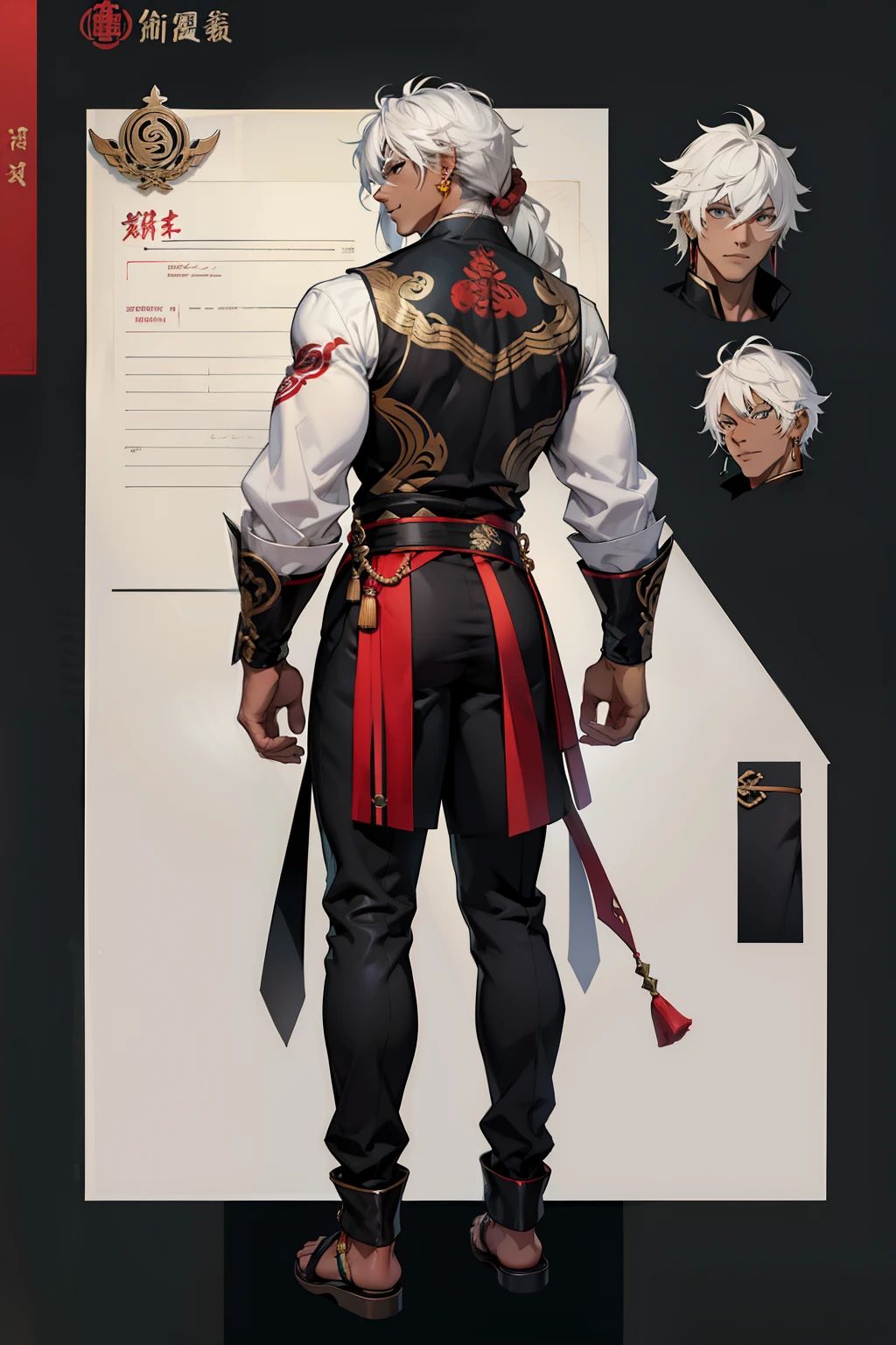 male 20 year old,cool guy,with cream color hair,Hair fluttering,medium long length mullet hair, half tiger, tiger ears, earrings, Golden eyes,Anime character holding a polearm spear, tattooed, one mole, mole, brown tattoos, genshin impact Pyro, fire jewlery, The background is a mountain, Keqing from Genshin Impact, Baizhu from genshin impact, by Yang J, inspired by Yang Jin, Genshin, heise jinyao, Genshin impact's character, zerochan art, Inspired by Bian Shoumin, Genshin Impact style, G Liulian art style, reference sheet, front angle and back angle, weopan reference, clothing reference, dynamic, color palette, design, detailed face, choker jewelry ((multiple angles, front angle, back angle)) ((reference sheet)) ((design sheet)) ((high quality)) ((4K wallpaper)) ((dynamic))