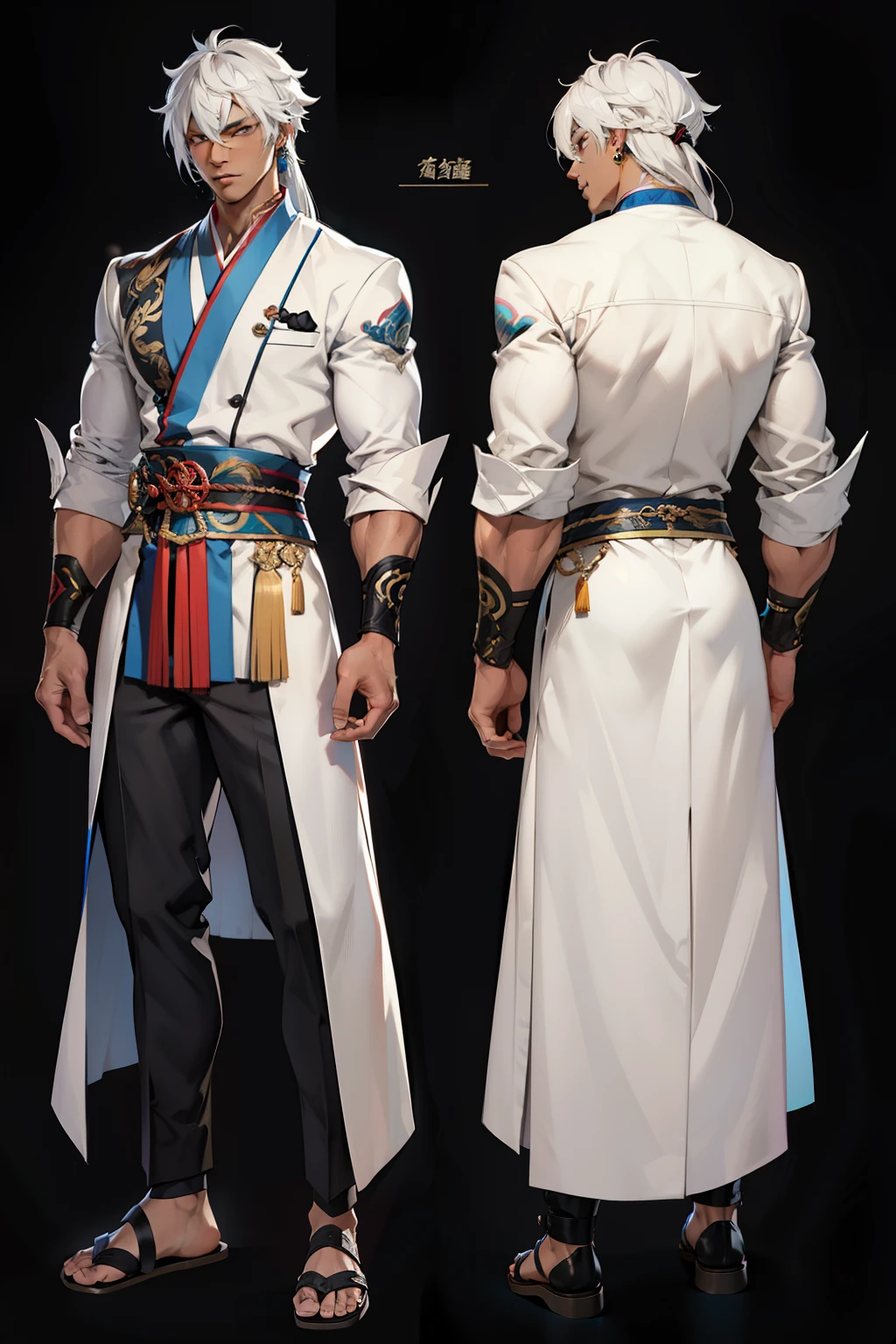 dark skin man, male, black eyes, white hair, long hair, anime style, 4k image, full body, holographic background, Character sheet, Handsome male. Perfect face, 6 ft 5 tall man. White hair. Long hair. Grey eyes. Eyepatch. Earrings. Toned body. Muscular male, character design sheet，full bodyesbian, Full of details, body front view, body back view,  Full body, front and back view, muscle body, Traditional chinese clothes. Genshin Impact. Hydro vision. Bulge in pants. Liyue, ((Masterpiece, Highest quality)), Detailed face, character design sheet， full bodyesbian, Full of details, frontal body view, back body view, Highly detailed, Depth, Many parts,