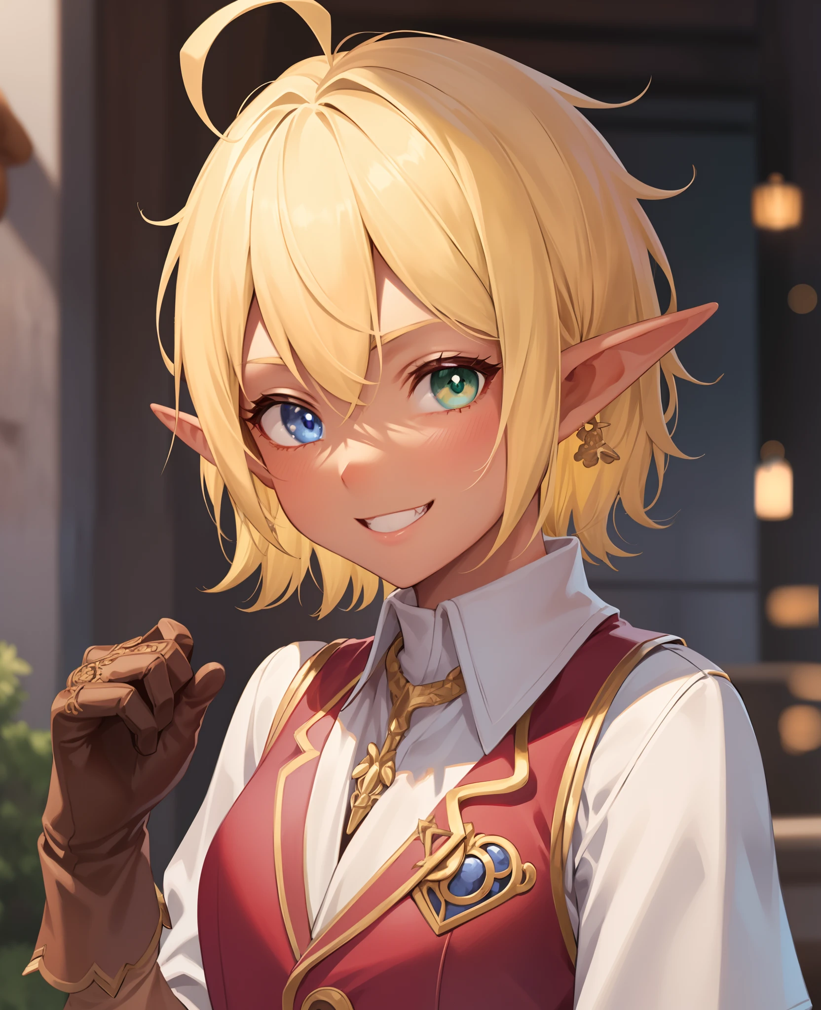 highres, sharp focus, pixiv masterpiece, ((intricate details)), highly detailed, pointy ears, heterochromia, solo, blonde hair, gloves, smile, green eyes, blue eyes, ahoge, looking at viewer, 1girl,  short hair, red shirt, vest, long sleeves, brown gloves, elf, dark skin, full body,  female,