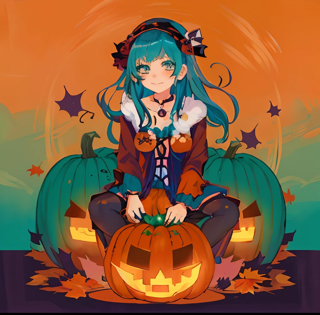 anime girl sitting on a pumpkin with a blue hair, in a halloween style, halloween art style, 🍂 cute, 2 d anime style, 🍁 cute, anime girl with teal hair, trick or treat, anime monster girl, witch girl, gothic maiden anime girl, rem rezero, seasons!! : 🌸 ☀ 🍂 ❄, cute anime girl, (anime girl)