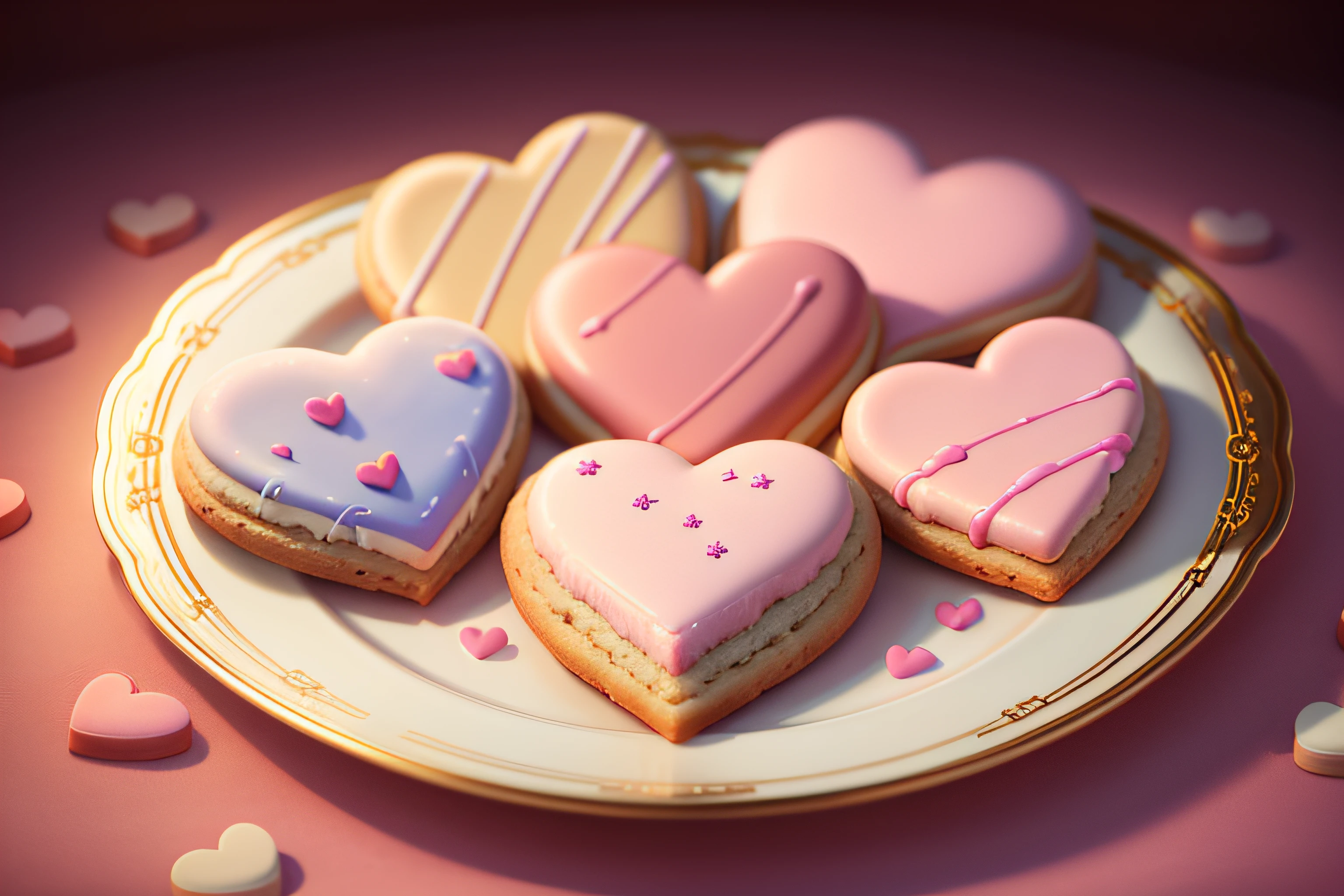 (raw photo), a plate of cookies with valentine themed icing in a variety of shapes and colors, foodphoto, blurred background, full view, 8k, photorealistic image, excellent quality.