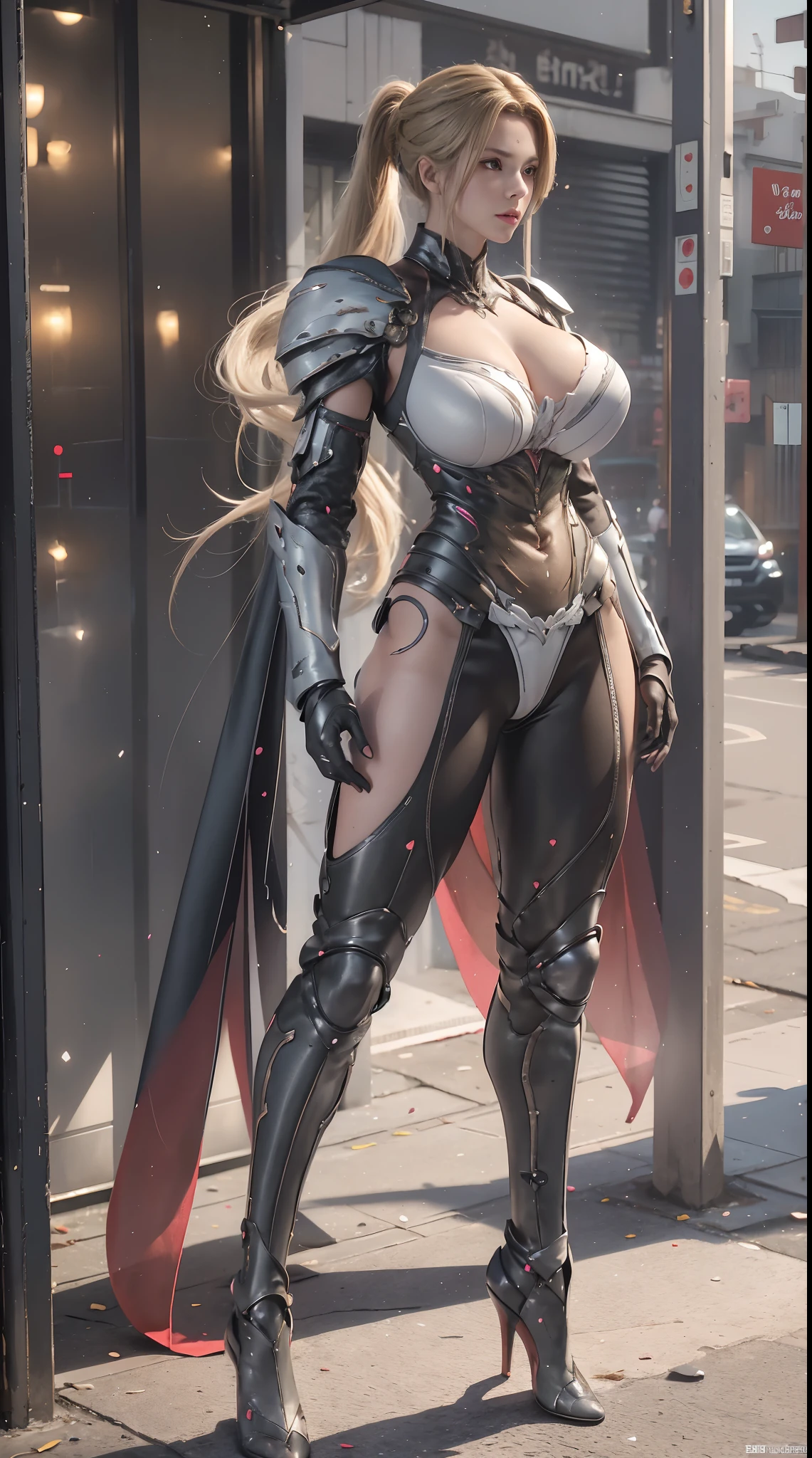 A mature woman, blonde ponytail hair, physically-based rendering, 1girl, Female model, (huge fake breasts:1.2), (street city), muscular body, slender, slim waist, big buttocks, expose muscle abs, (Full body:1.3), Glove, Full Armor, Breastsplate armor, cleavage, skintight yoga pants.