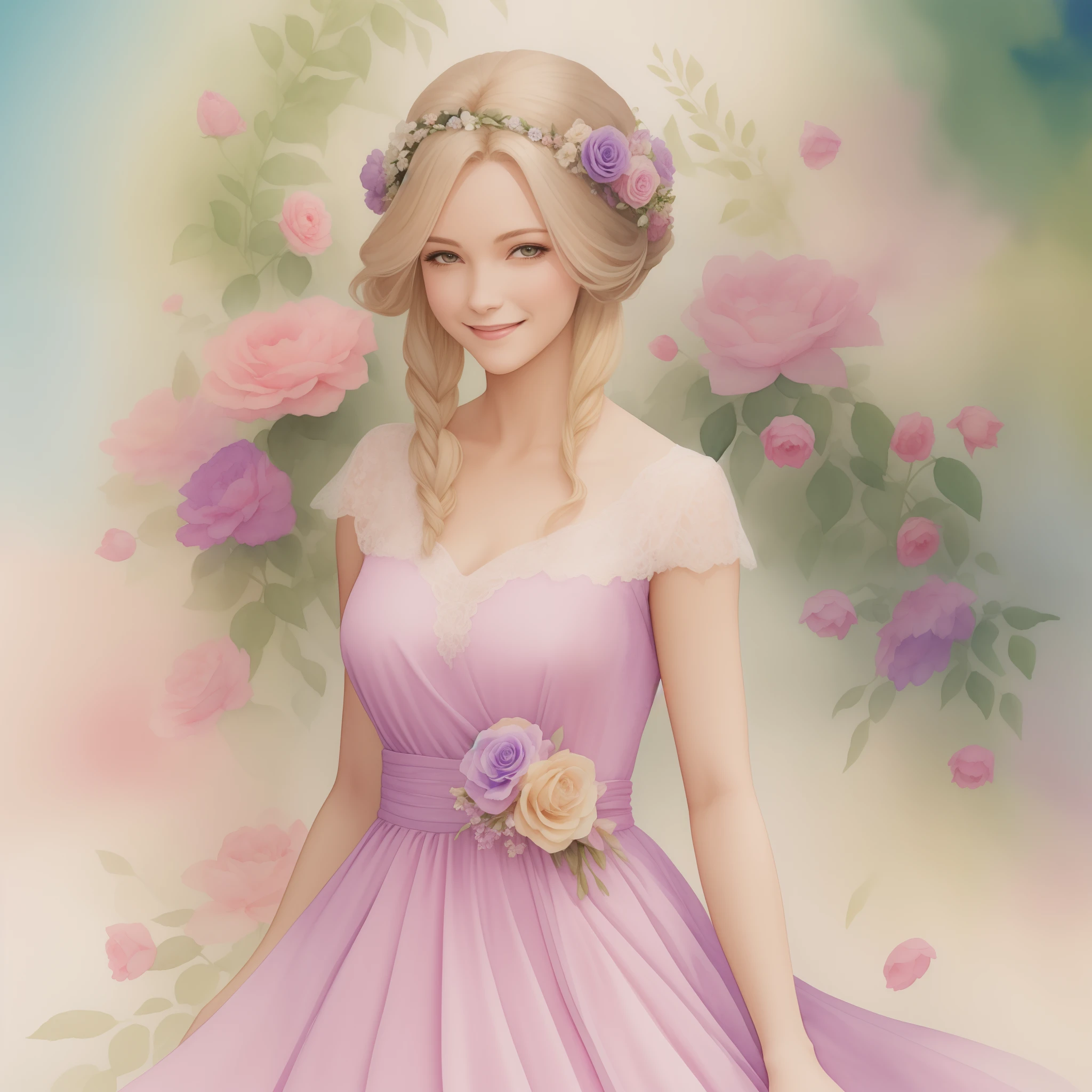 A watercolor painting of a smiling woman with long blonde hair in a purple princess dress is surrounded by flowers, ultra detalhada, sharped image, 4k, Image with a resolution of 300 dpi, image high resolution, imagem contendo 300 dpis