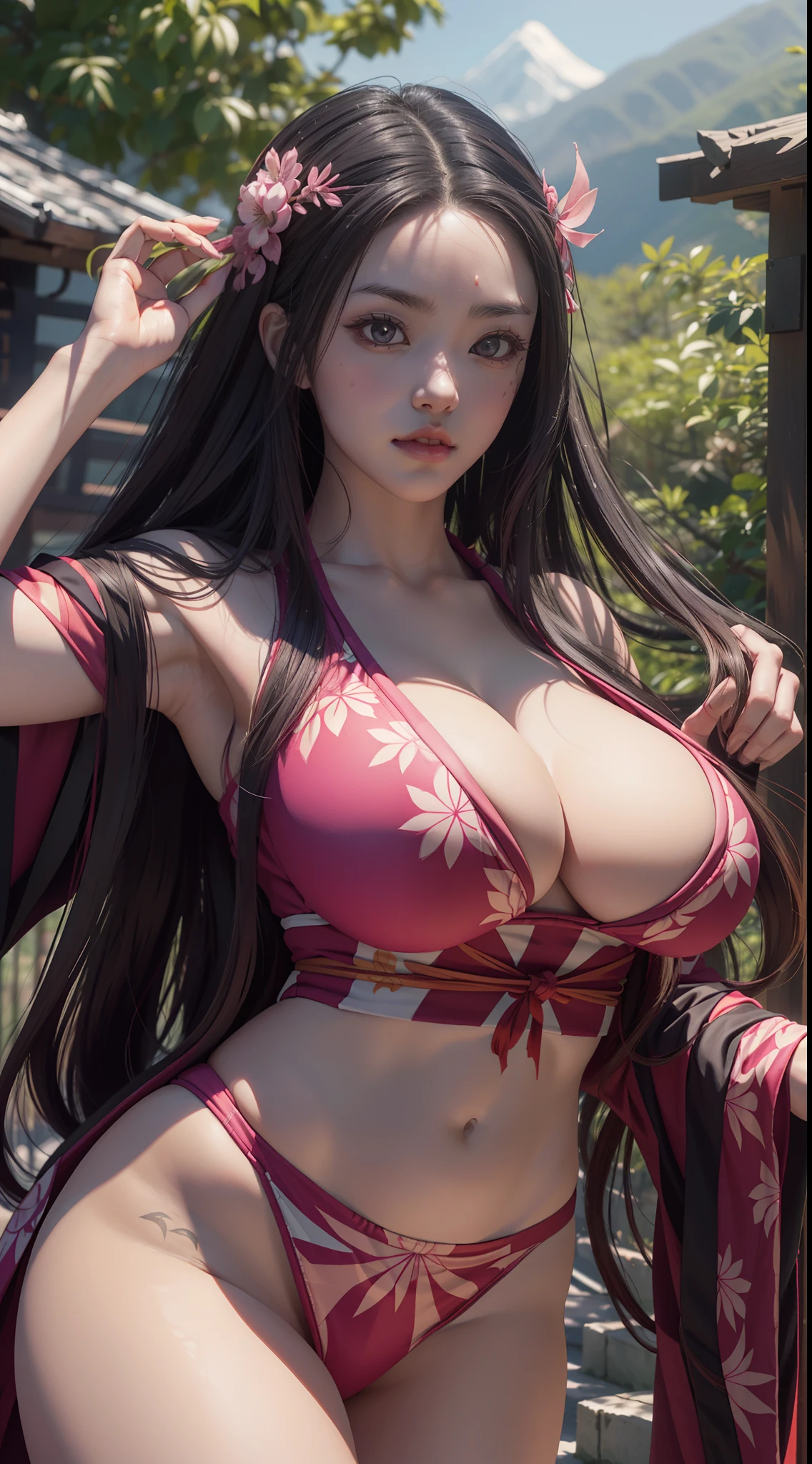 ultra realistic photo of Nezuko kamado goddess of beauty, 8k, UHD, hottie with ultra giant breasts, huge long breasts sticking out of her kimono, with long hair and a sexy pink Japanese kimono, she doesn't wear panties showing her pussy, hair pubic bones showing, Nezuko with a piece of bamboo, (Nezuko, Nezuko-chan, Demon Slayer art style, kimetsu no yaiba), Hentai female anime character, (Nezuko, in her demon form, Huge breasts, giant long breasts, her breasts come out of her kimono, showing beautiful breasts), the length of her ultra-giant breasts goes all the way to her toned belly, she has leaf tattoos running down her sexy erotic body, Demon Slayer rui fanart, wielding kunai, Marin Kitagawa Fanart, art by clean and detailed anime, a very beautiful berserker woman, by Kamagurka, professional art, perfect detail, (Nezuko kamado in her demonic form based on the demon Slayer kimetsu no yaiba) nua Pornografia