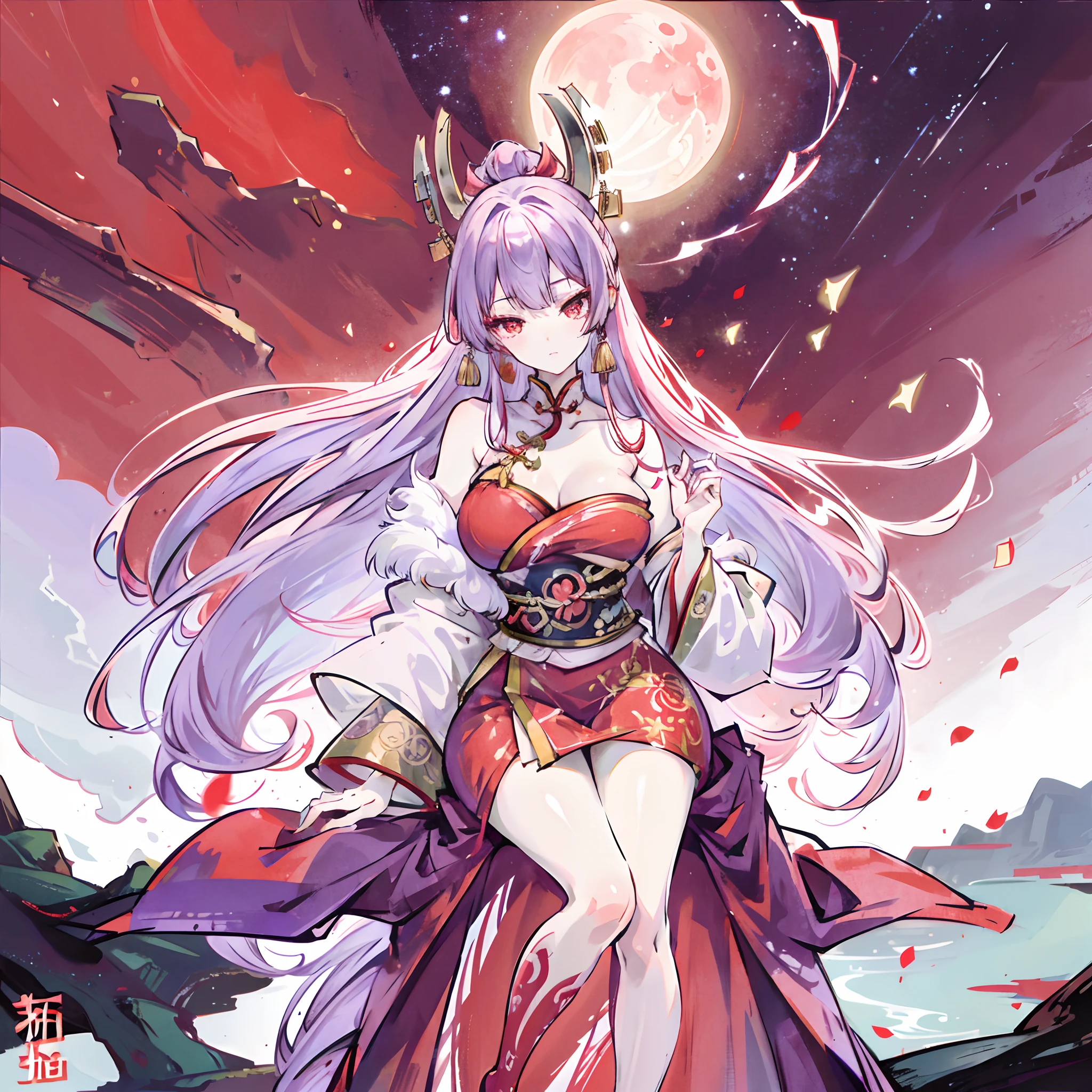 Lavender coloured hair, bright red Eyes, oni, wearing a old Chinese clothes, one hand on the, standing far from the camera, stars in the background with the full red moon, nobody else, long hair. sitting on a thrown, detailed eyes, anime, Smoking Churchwarden pipe, looking down on us, god of the moon, big tits,