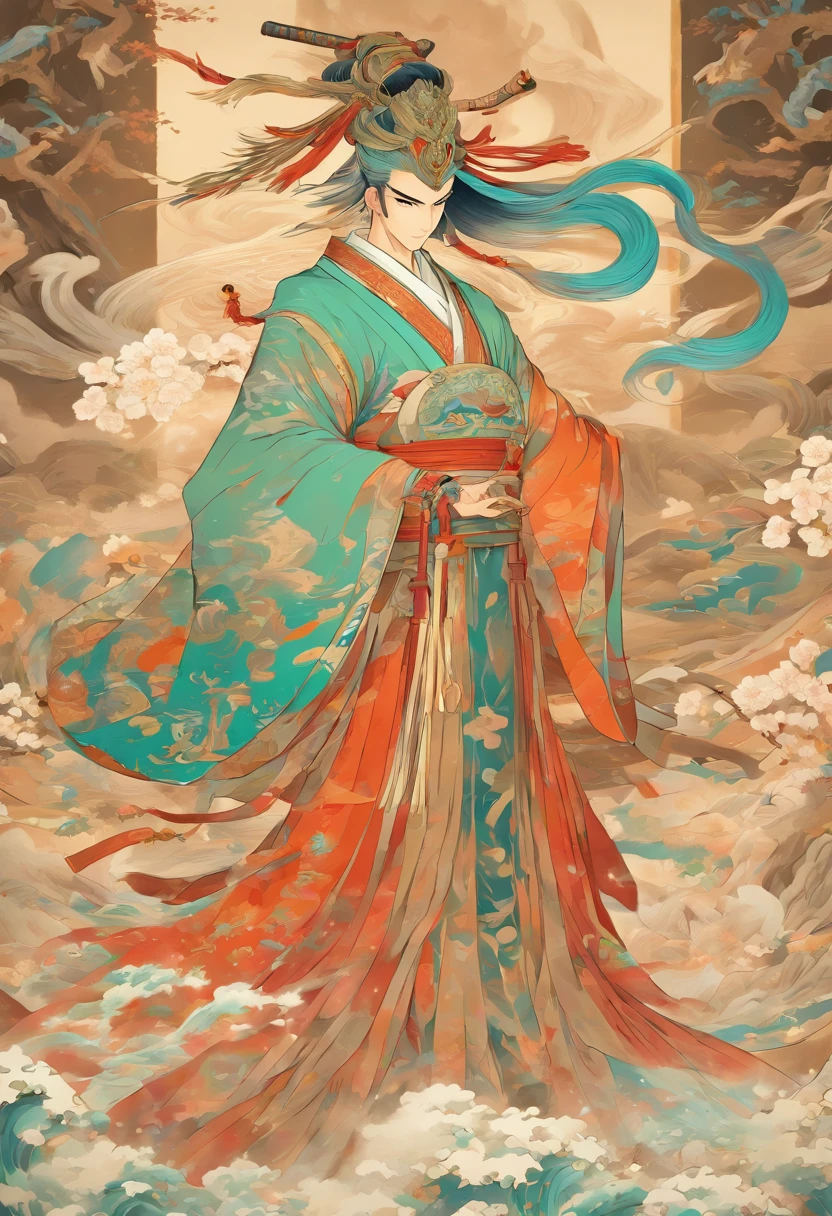 Chinese paiting,Izanagi,man,spear,Hanfu,Japanese mythology,artistic conception,Dunhuang murals,very high clarity,ultrahigh-resolution,8k
