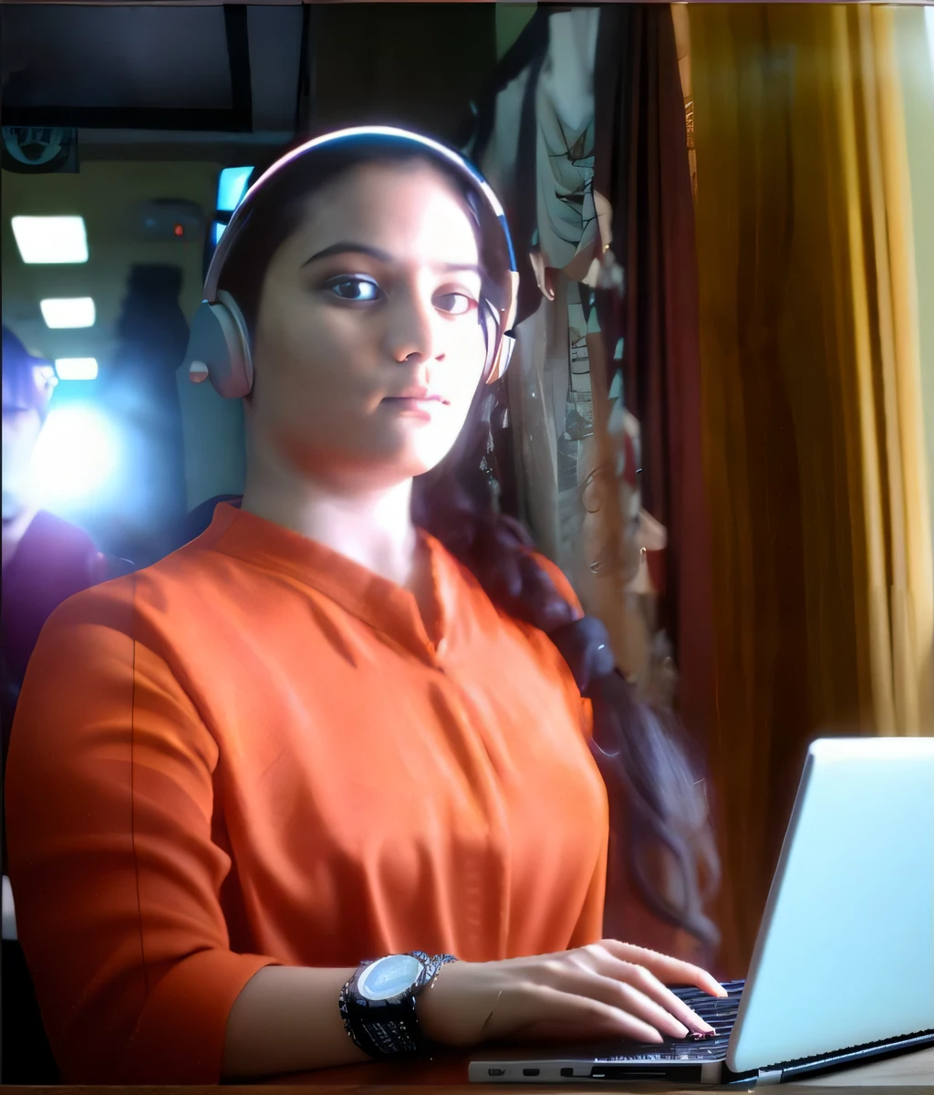 woman with headphones on using a laptop computer in a room, laptop, inspired by T. K. Padmini, on location, fanart, in front of a computer, with head phones, still from a movie, production still, still shot from movie, on set, profile shot, film promotional still, moviestill, working, still from movie, with headphones