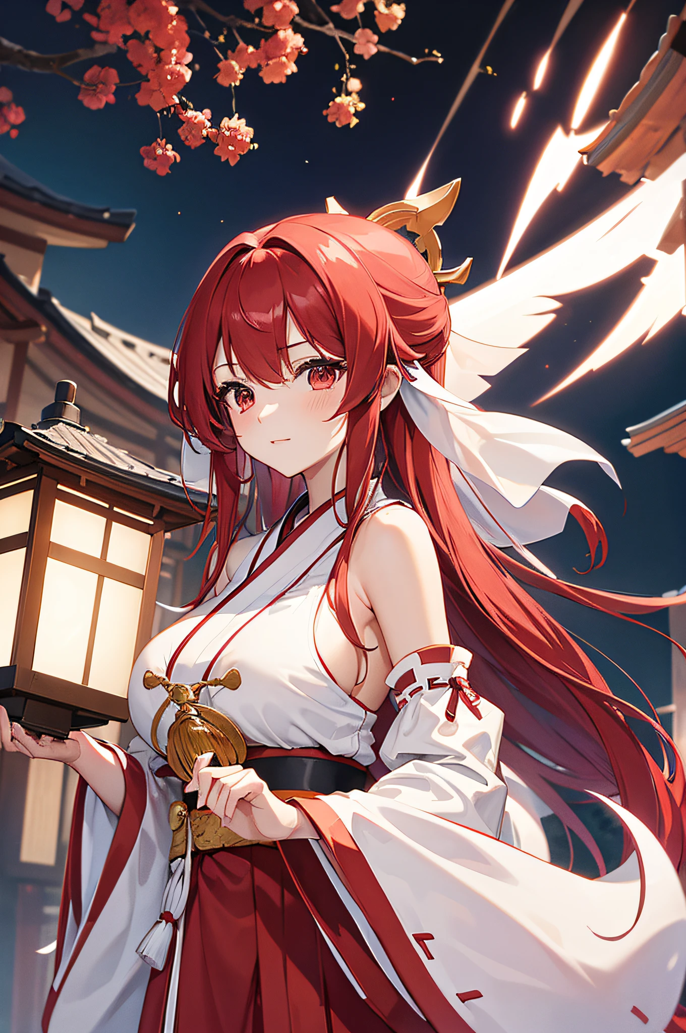 4K,hight resolution,One Woman,Bright red hair,Longhaire,Huge breasts,shrine maiden,nontraditional miko,White kimono,Detached sleeves,The background is all white