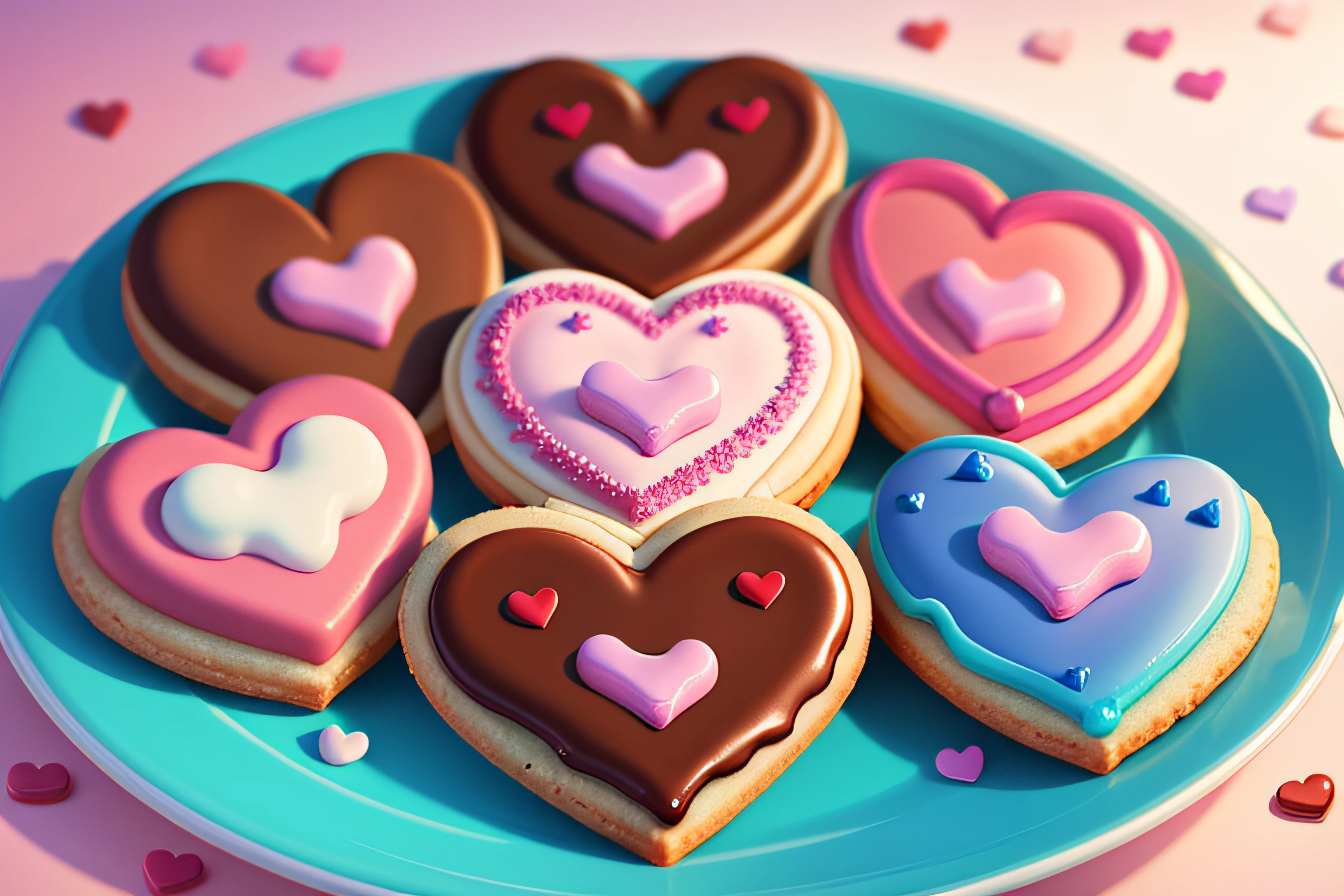 (raw photo), a plate of cookies with valentine themed icing in a variety of shapes and colors, foodphoto, blurred background, full view, 8k, photorealistic image, excellent quality.