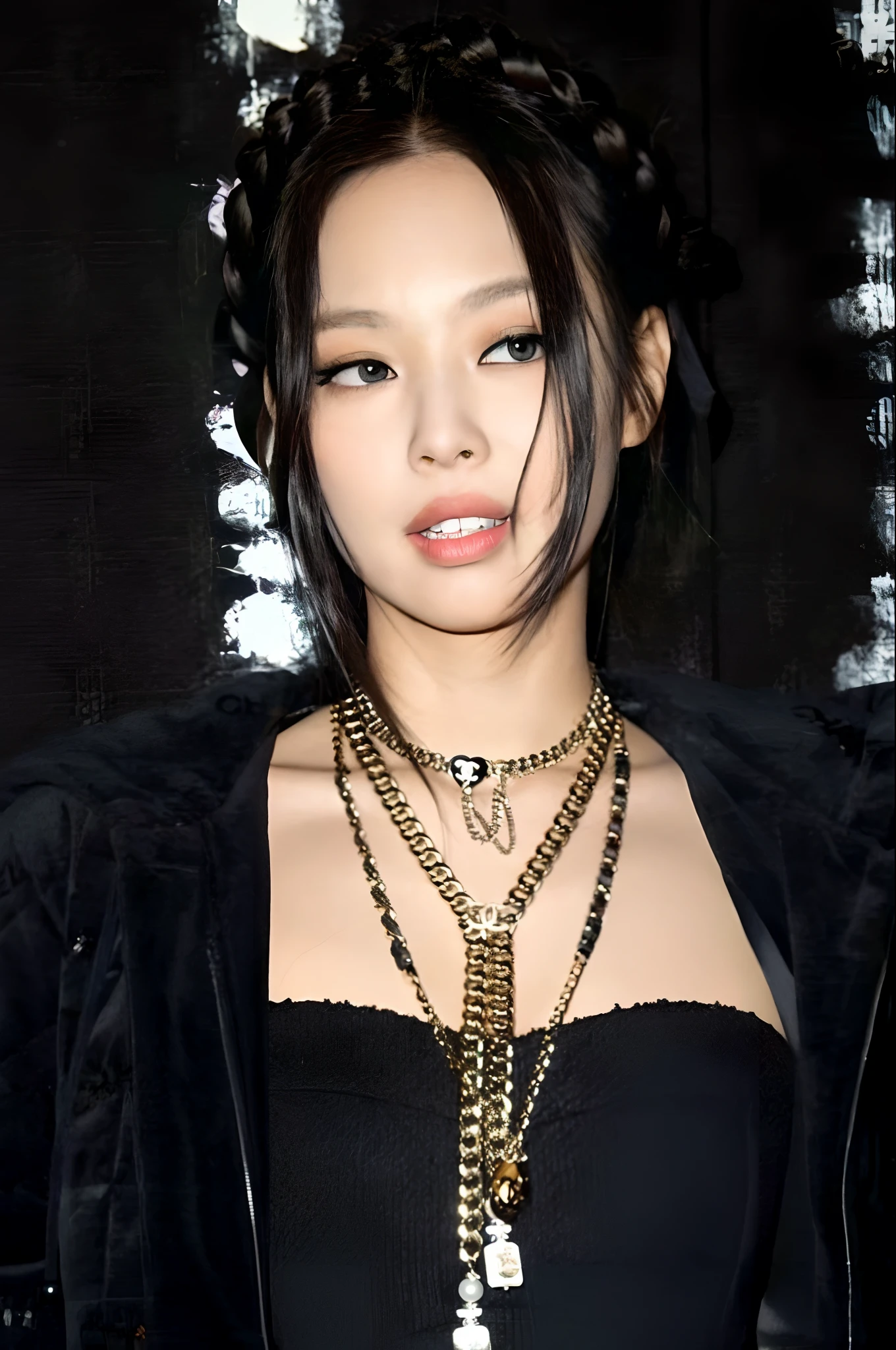 a close up of a woman wearing a black top and a gold chain necklace, blackpink jennie, roseanne park of blackpink, jossi of blackpink, gongbi, cruel korean goth girl, neck chains, lulu chen, portrait of jossi of blackpink, heonhwa choe, jia, wearing a bandana and chain, park ji-min, korean artist, wearing choker