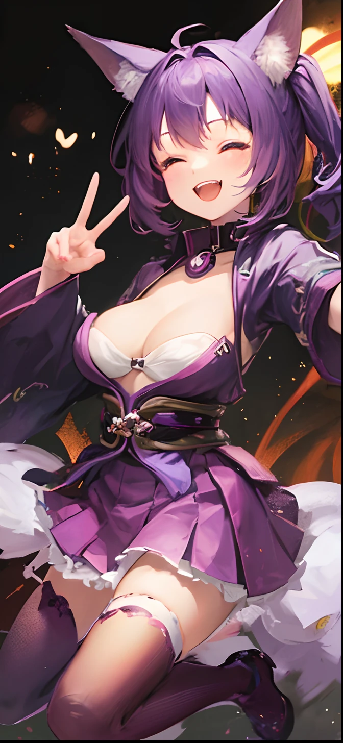 Fox ears, Japanese, purple hair,smiling with teeth showing, one eye closed, energetic child,Purple, cute girl,breast cleavage,peace sign,jumping pose,