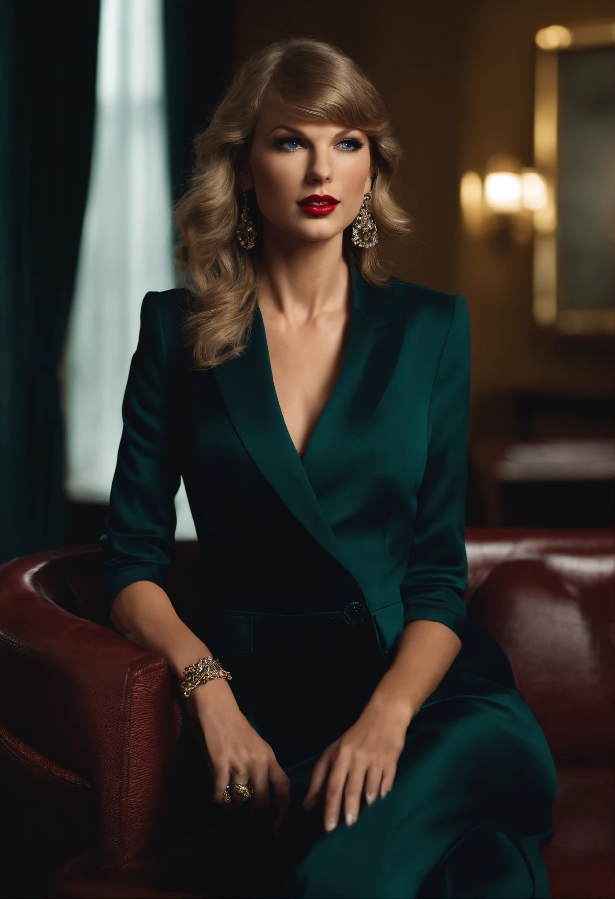 Taylor Swift wearing business clothes, sentada com duas pessoas falando de investimento