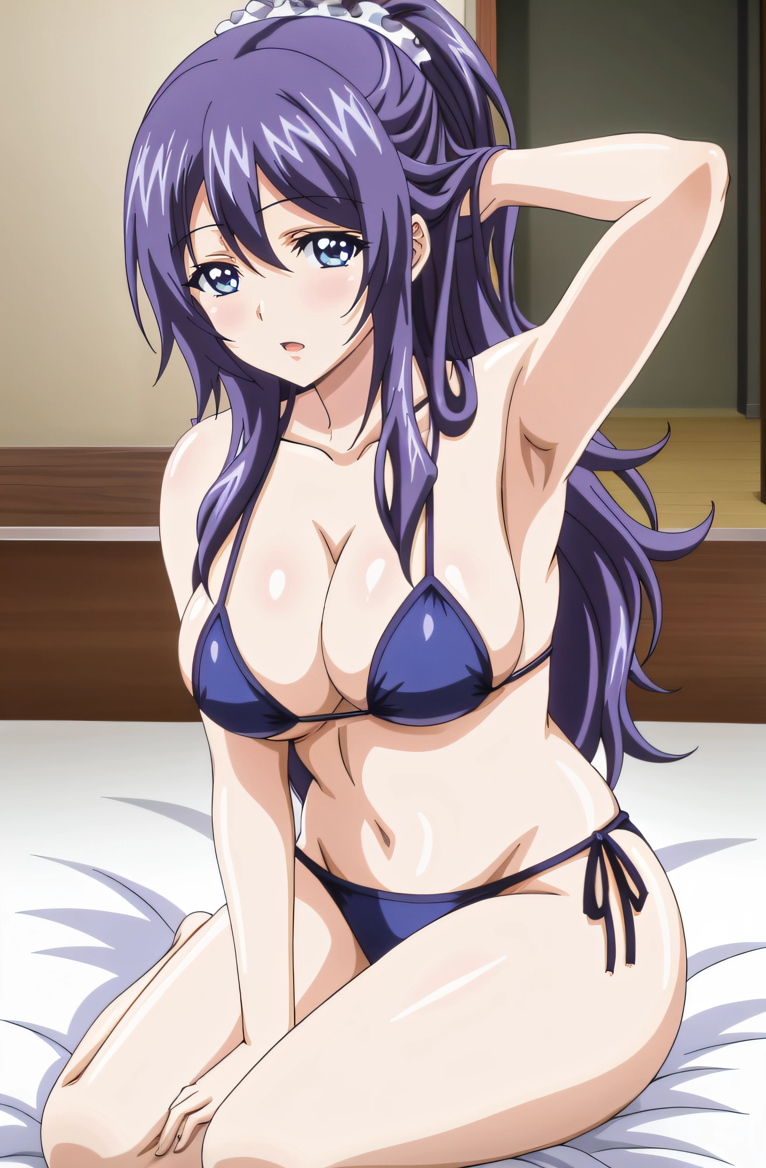 Chica de anime con cabello largo y negro sentada en una cama, hyuga hyuga, seductoras chicas de anime, Kotegawa Yui, Hanayamata, OPPAI, los senos son grandes, The anime girl is crouching, Shikamimi, con senos grandes, Nagatoro, Shirabii, Hermosa chica de anime agachada, Hermosa y seductora mujer de anime