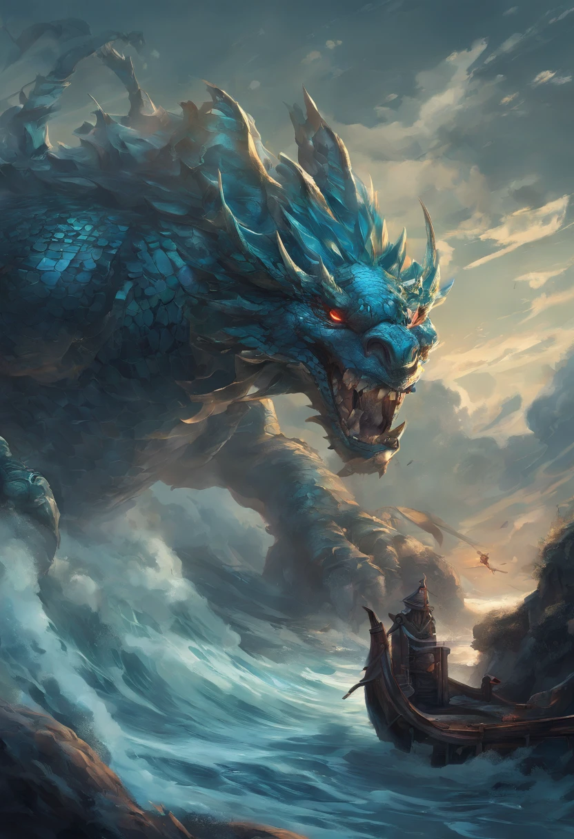 A painting of a dragon with a boat in the water - SeaArt AI