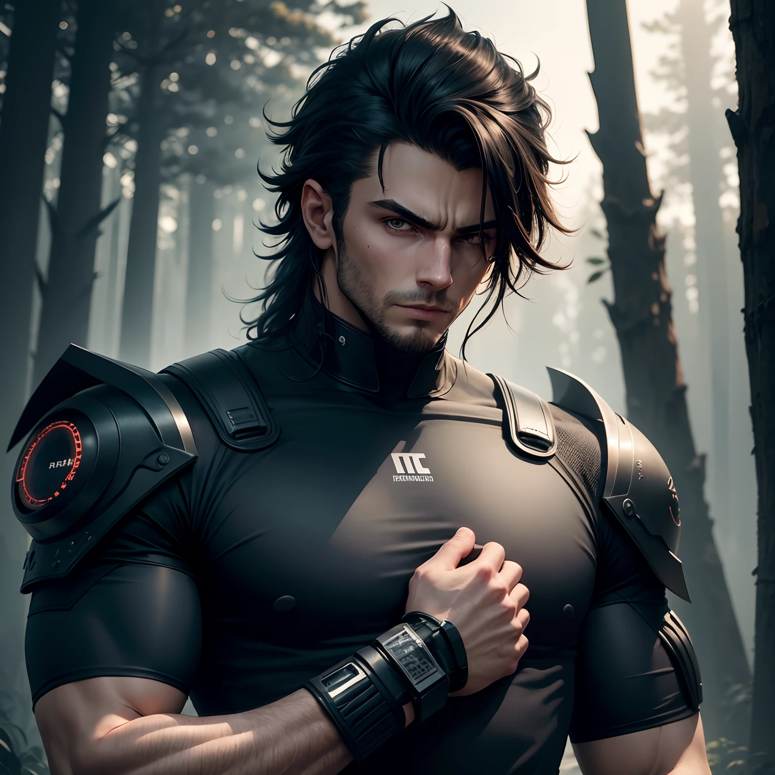 homem forte. cabelos negros. camiseta regata branca. Cyber right-hand man. Estilo cyberpunk. Ultra Detalhado. ciborgue. cinematic forest lighting. Gloomy mood mechanical prosthesis on right arm. Futurista