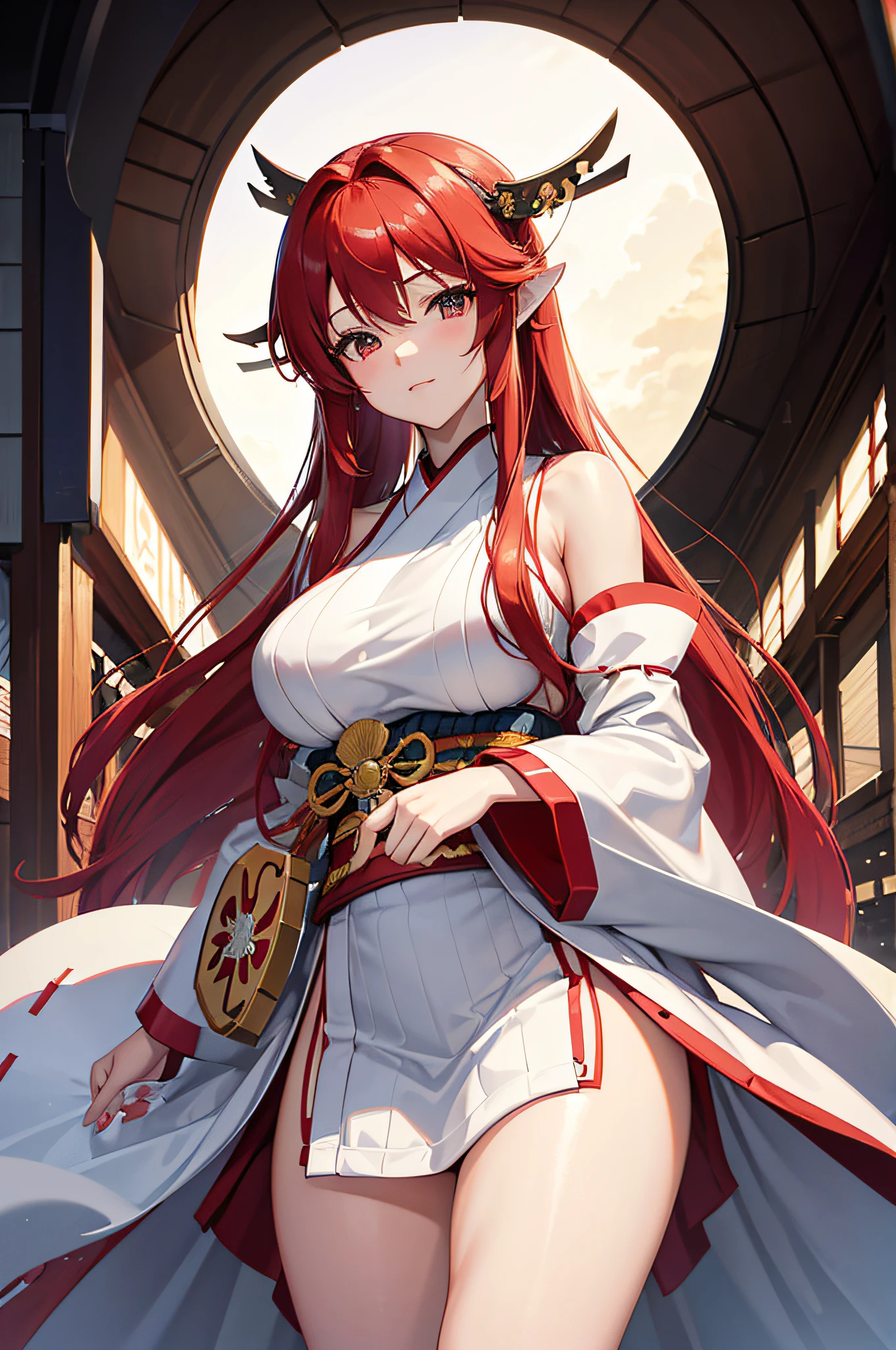 4K,hight resolution,One Woman,Bright red hair,Longhaire,thighs thighs thighs thighs,Huge breasts,close up,A sexy,shrine maiden,nontraditional miko,White kimono,turtle necked sweater,Detached sleeves,with a pure white background,without background