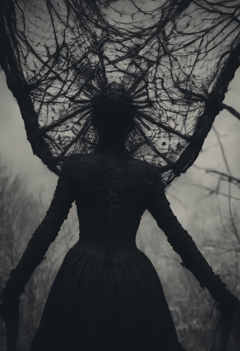 Fotografia de uma aranha, na sua teia, uma mulher bonita presa na teia, mulher de vestes rasgadas, arranha horrorosa
