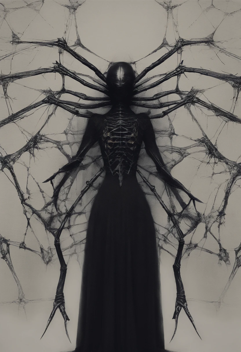 Fotografia de uma aranha, na sua teia, uma mulher bonita presa na teia, mulher de vestes rasgadas, arranha horrorosa