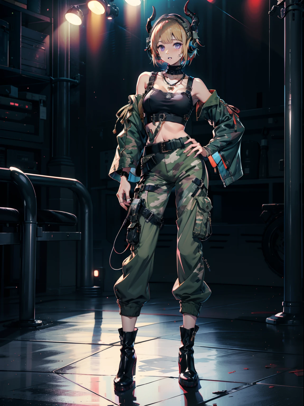 Woman in purple costume holding microphone、It has horns like sheep、Wearing a necklace、Wearing headphones in your ears、hard rock、Wearing a camisole、Black belt camouflage pattern pants、Little devil composition、short-cut、With sleeves、Shoulder out、Wear long boots that show the navel、Paleo wearing、singers、Double teeth are visible、Wide pants、Glamorous、Muchimuchi、hiquality、livestream、Baggy pants, in military uniform, Large pants, army, Wear cargo pants, Wearing camouflage, High-waisted sweatpants