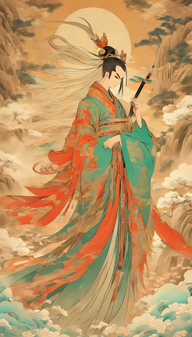 Chinese Paiting，Izanagi,Man，spear,Hanfu,Japanese mythology，artistic conception，Dunhuang murals，Very high transparency，超高分辨率，8K