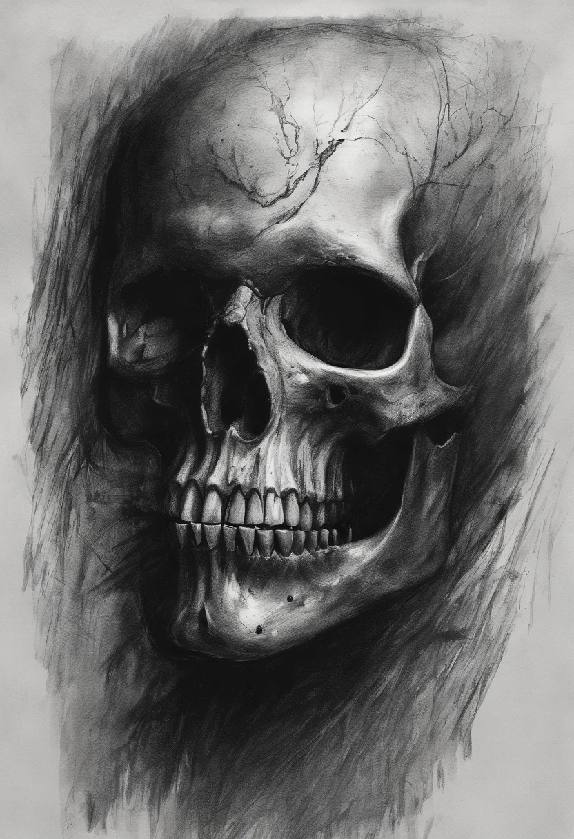 A sketch drawing of the skull slash character, hyper-realistic, artistic, tudo preto e branco