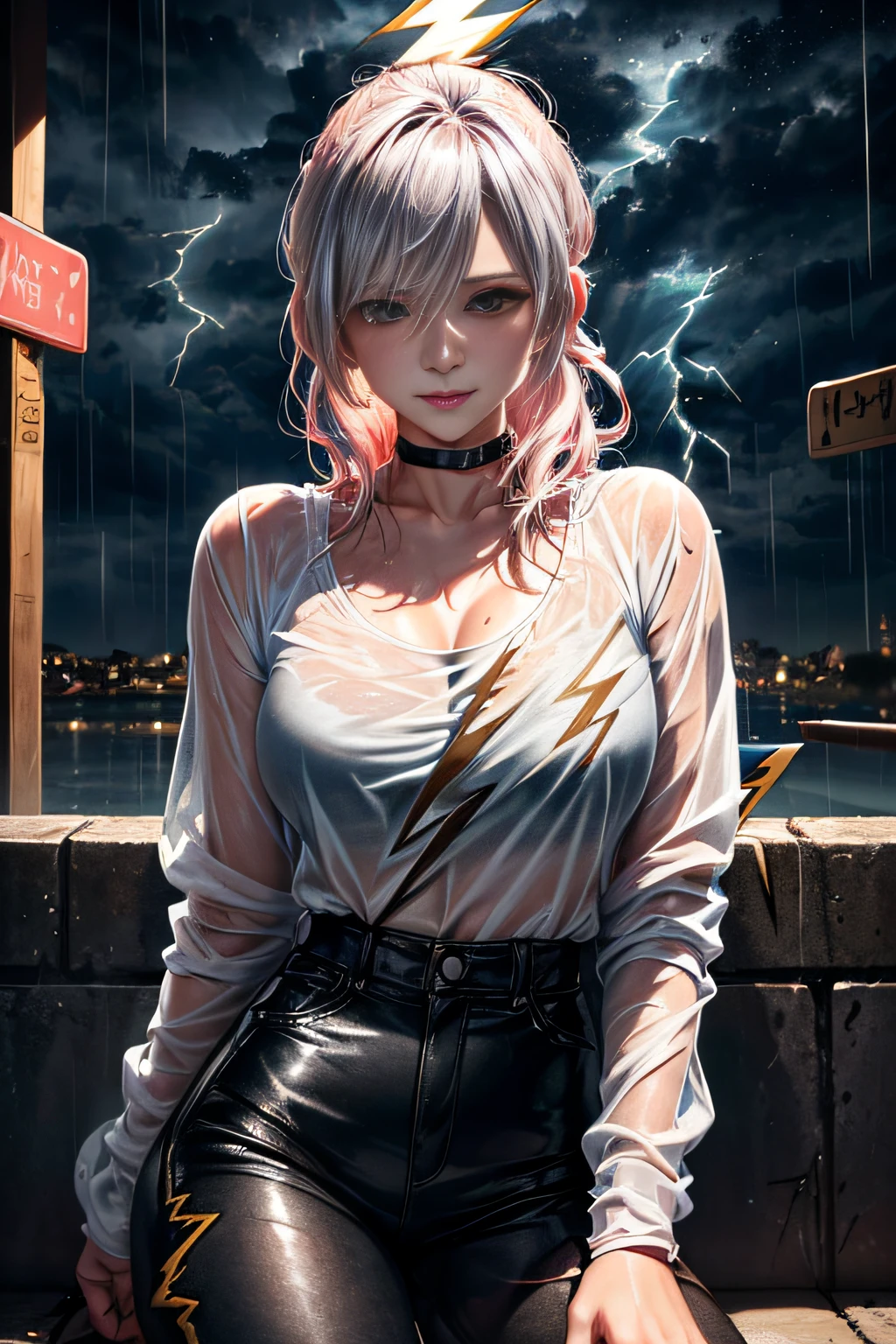 (Lightning illuminating the dark sky:1.7),Stormy night, (Rain pouring down on a tomboy:1.3), creating a dramatic and moody atmosphere.
Drenched tomboy,piercings,Punk rock fashion,Open jacket with chain,Punk rock shirts,Punk rock pants with chain,Chain Accessories,a choker,(The whole body is soaking wet,Rainwater dripping from the face,Wet face,wetting hair,Wet and glowing skin,Soaking wet costumes,),(Glossy silver and orange two-tone hair,Short ponytail),(The composition of the princess's face,large full breasts,Pointed lips,red lipsticks,Cute round face,A smile that makes the viewer happy,blushing with embarrassment,red blush,),Bold sexy poses,crouching down,
(in 8K, Raw photo, Best Quality, masutepiece,),(Realistic,Extreme detail photo,Digital SLR,),(Image Mode Ultra HD),