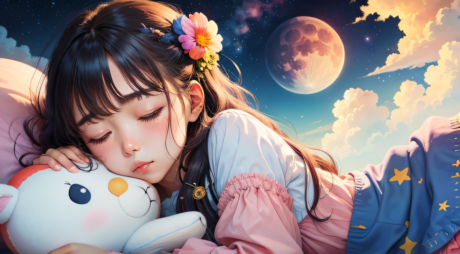 colorful、on clouds、kosmos、Big Moon、realistic、The girl is asleep、Only one stuffed animal、超A high resolution