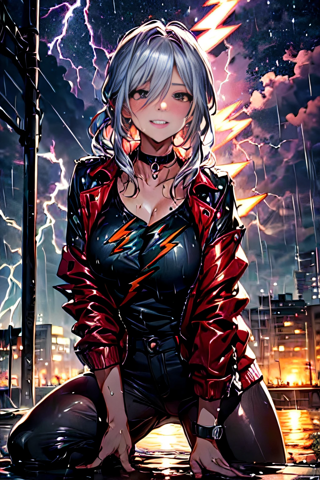 (Lightning illuminating the dark sky:1.7),Stormy night, (Rain pouring down on a tomboy:1.3), creating a dramatic and moody atmosphere.
Drenched tomboy,piercings,Punk rock fashion,Open jacket with chain,Punk rock shirts,Punk rock pants with chain,Chain Accessories,a choker,(The whole body is soaking wet,Rainwater dripping from the face,Wet face,wetting hair,Wet and glowing skin,Soaking wet costumes,),(Glossy silver and orange two-tone hair,Short ponytail),(The composition of the princess's face,large full breasts,Pointed lips,red lipsticks,Cute round face,A smile that makes the viewer happy,blushing with embarrassment,red blush,),Bold sexy poses,crouching down,
(in 8K, Raw photo, Best Quality, masutepiece,),(Realistic,Extreme detail photo,Digital SLR,),(Image Mode Ultra HD),