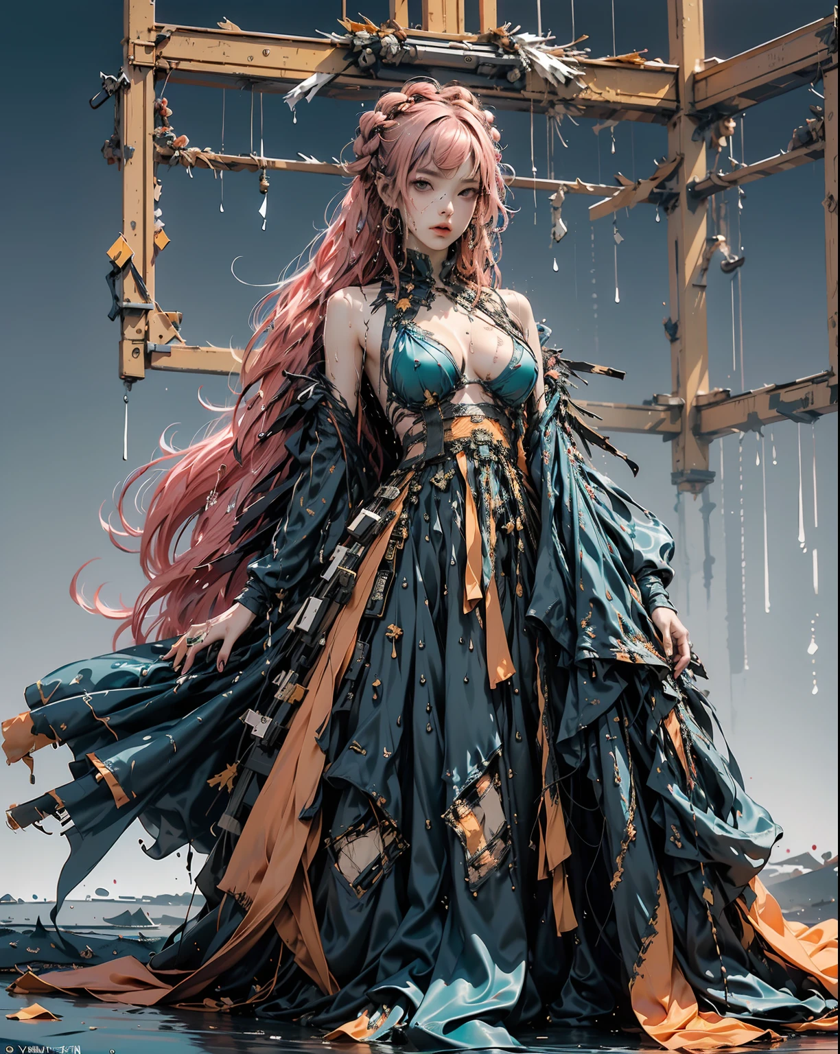 Kneeling, (((Full body))), (((looking up at viewer))), Carema from above, Realistic photography, (1 cute actress), french long braid hair, thin makeup, medium breasts, cleavage_cutout, Hanbok costume, floating hair, ((firefly:1.2)), transparent costume, visible_nipple, see_through, (((pink hair))), ((Torn costume:1.5)), ((Wet costume:1.4)), bare shoulders, sun_glasses, thin eyebrow, mature face, 8K high resolution, sharp detail, realistically, ((cyan theme)), cinematic, punk concept, techpunk, tech background, sunrise