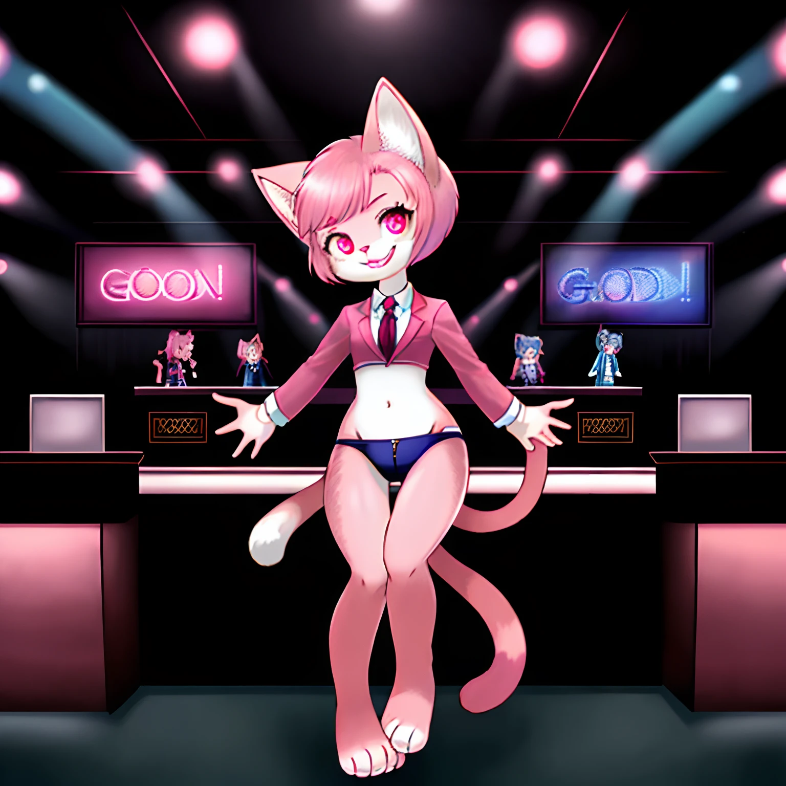 downy furry,Little girl,loli,PINK hair,short hair ,PINK CATt eye, pink downy furry skin,PINK CAT ears, pink furry hand,PINK CAT tail,a strip of furry cat tail,furry CAT legs,furry CAT foot,furry face, furry torso,furry navel,furry lips,furry cat mouth,good anatomy,good artist,good quality,good detail,full body,Nightclub,front desk,receptionist,Suit,Sexy underwear