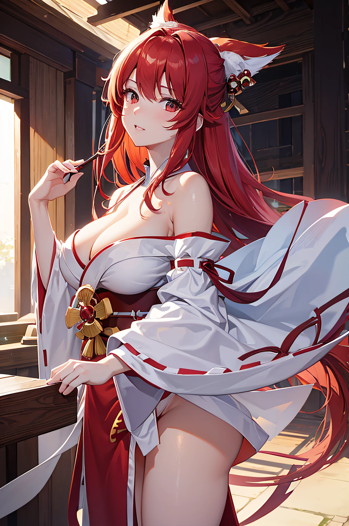 4K,hight resolution,One Woman,Bright red hair,Longhaire,thighs thighs thighs thighs,Huge breasts,close up,A sexy,shrine maiden,nontraditional miko,White kimono,Off-the-shoulder clothing,Detached sleeves,with a pure white background,without background