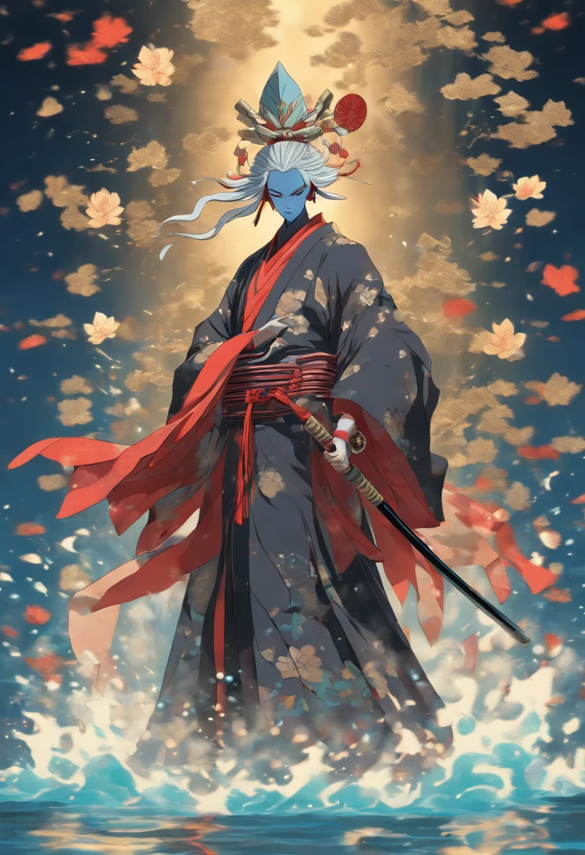(((Izanagi))), spear, Japanese man, Lunar Entourage, feudal Japan, water, spear underwater, Shui Mo Hua, lotus, Chinese painting style, Thangka style, master piece, lunar light, depth of field, best quality