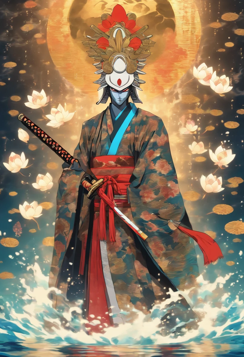 (((Izanagi))), spear, Japanese man, Lunar Entourage, feudal Japan, water, spear underwater, Shui Mo Hua, lotus, Chinese painting style, Thangka style, master piece, lunar light, depth of field, best quality