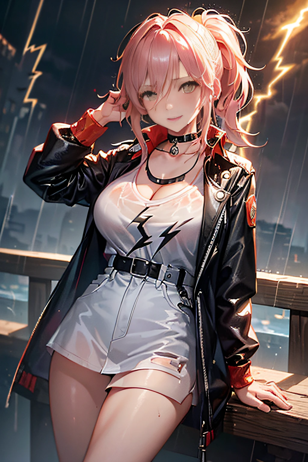 (Lightning illuminating the dark sky:1.7),Stormy night, (Rain pouring down on a tomboy:1.3),  creating a dramatic and moody atmosphere.
Drenched tomboy,piercings,Punk rock fashion,Open jacket with chain,Punk rock shirts,Punk rock pants with chain,Chain Accessories,a choker,(The whole body is soaking wet,Rainwater dripping from the face,Wet face,wetting hair,Wet and glowing skin,Soaking wet costumes,),(Glossy silver and orange two-tone hair,Short ponytail),(The composition of the princess's face,large full breasts,Pointed lips,red lipsticks,Cute round face,A smile that makes the viewer happy,blushing with embarrassment,red blush,),Bold sexy poses,crouching down,
(in 8K, Raw photo, Best Quality, masutepiece,),(Realistic,Extreme detail photo,Digital SLR,),(Image Mode Ultra HD),