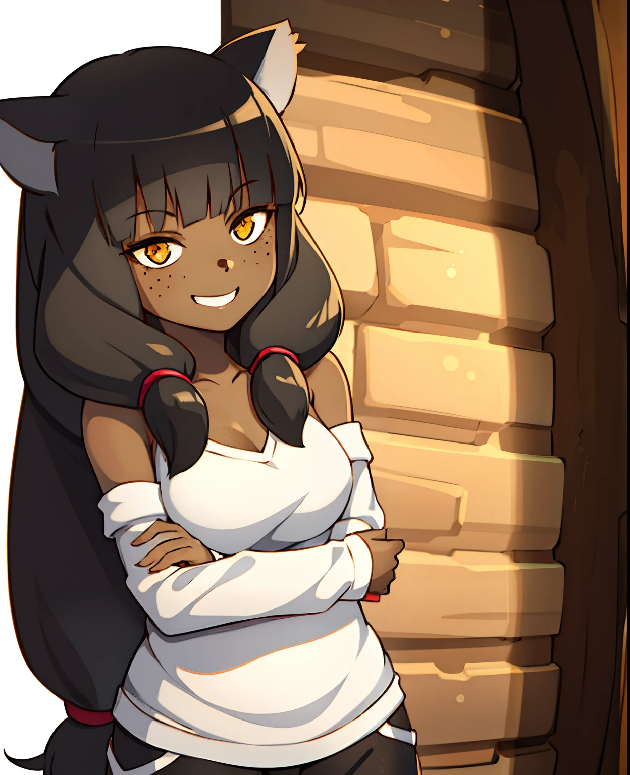 1girl, dark skin, smile, cat ears, bangs, long hair, freckles