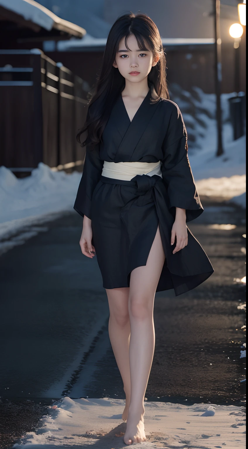 ((Best quality, 8K, Masterpiece :1.3)), Sharp focus:1.2 , Photorealsitic,(Cinematic lighting),Facial detail texture. Eye details. Double eyelids, Slender body. Super small breasts, -yeld gi photo-realistic:1.37,Perfect eyes, ((1 Girl in a black yukata)),(white sash),(Ultra-thin fabric),((Ragged linen)),With a petite figure,brunette color hair,Long hair draped loosely,Qi bangs,Stand in the snow,The barefoot,Full body like,short- sleeved,short skirt,Exposing thighs,folds,((solid color backdrop)),is shy,Be red in the face