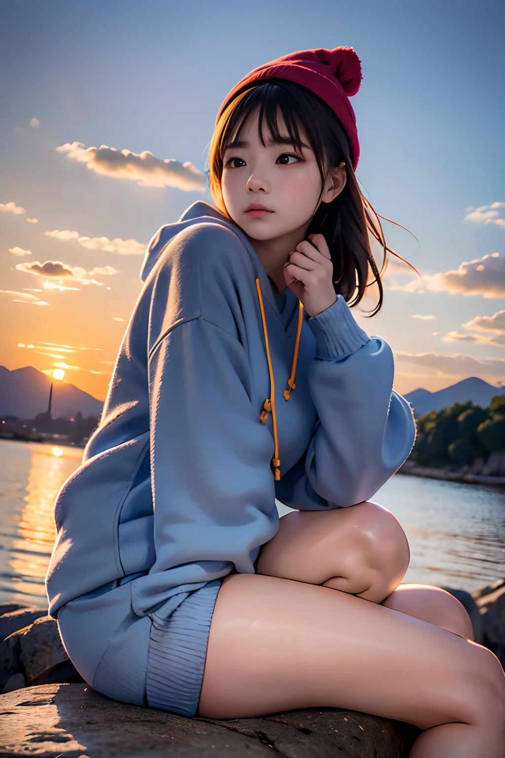 top-quality、masuter piece、ultra-detailliert、8ｋ、独奏、parfect anatomy、、(((Girl sitting on a huge rock looking at the sky、up looking_Away:1.2、Looking at the sky)))、From Side、knit hat、Greyprint Hoodie、Straight Old Denim、bare-legged、、Dusk atmosphere、evening、Sunset、blurry backround:1.5、plein air、Mountains of the Andes々々、Orange sky、Scaly clouds