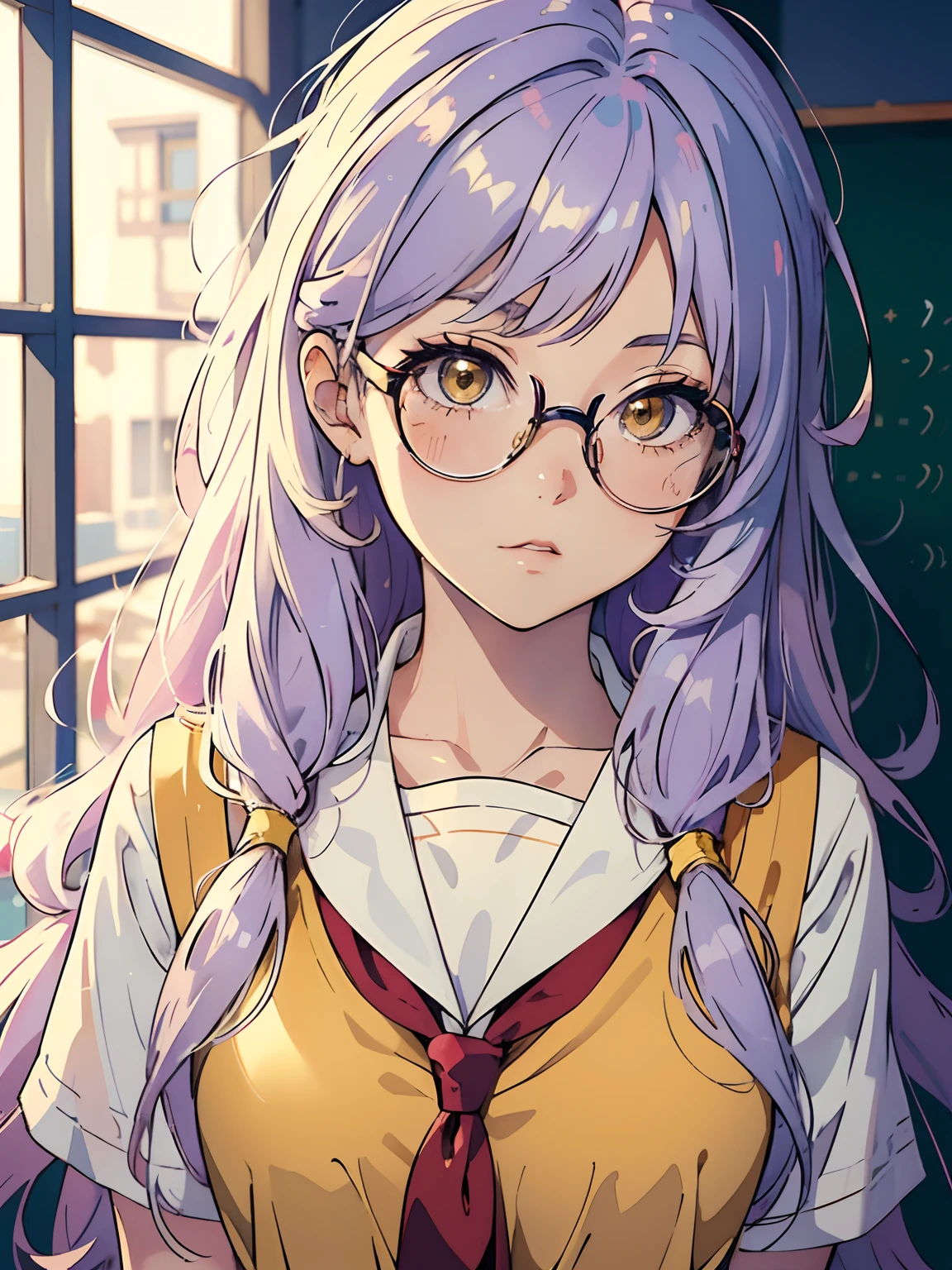 ((masterpiece, best quality)), (1girl, anime girl in retro style),(li, liirl, school g(solo), (female focus), (light pale purple hair, messy hair, long hair),yellow eyes, glasses, ((school uniform)) , shy, portraits, close up, upper body, vibrant colors, soft lighting, looking straight forward