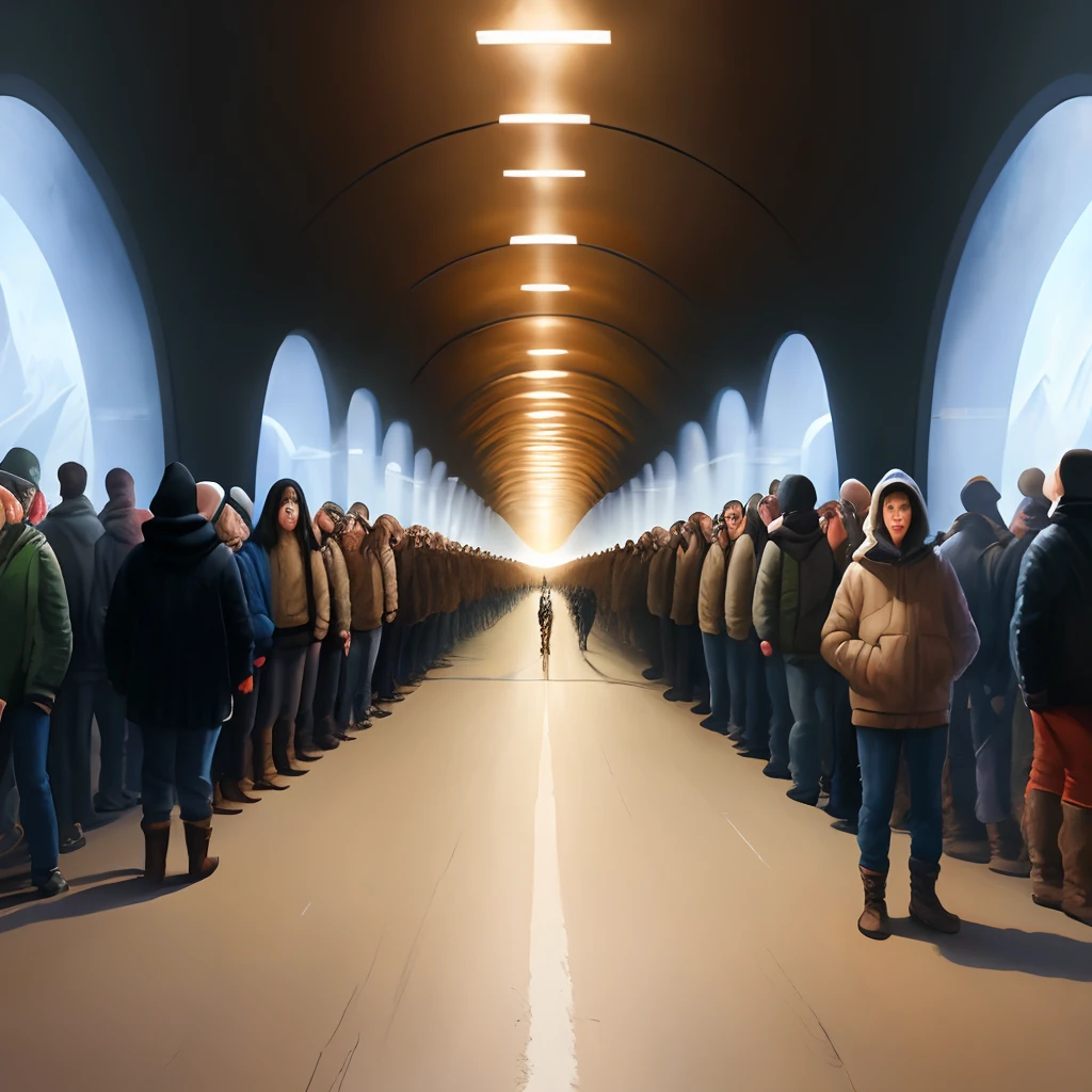 painting of a large group of people standing in a long tunnel, dramatic artwork, jim warren and rob gonsalves, surreal painting, surreal oil painting, surreal scene, sylvain sarrailh and igor morski, rob mcnaughton, artwork about a road to freedom, surreal concept art, symmetrical epic fantasy art, epic surrealism 8k oil painting