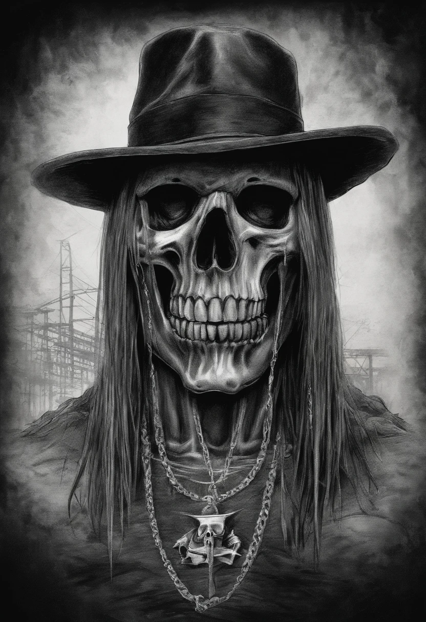A sketch drawing of the character Axl Rose skull, hyper-realistic, artistic, tudo preto e branco