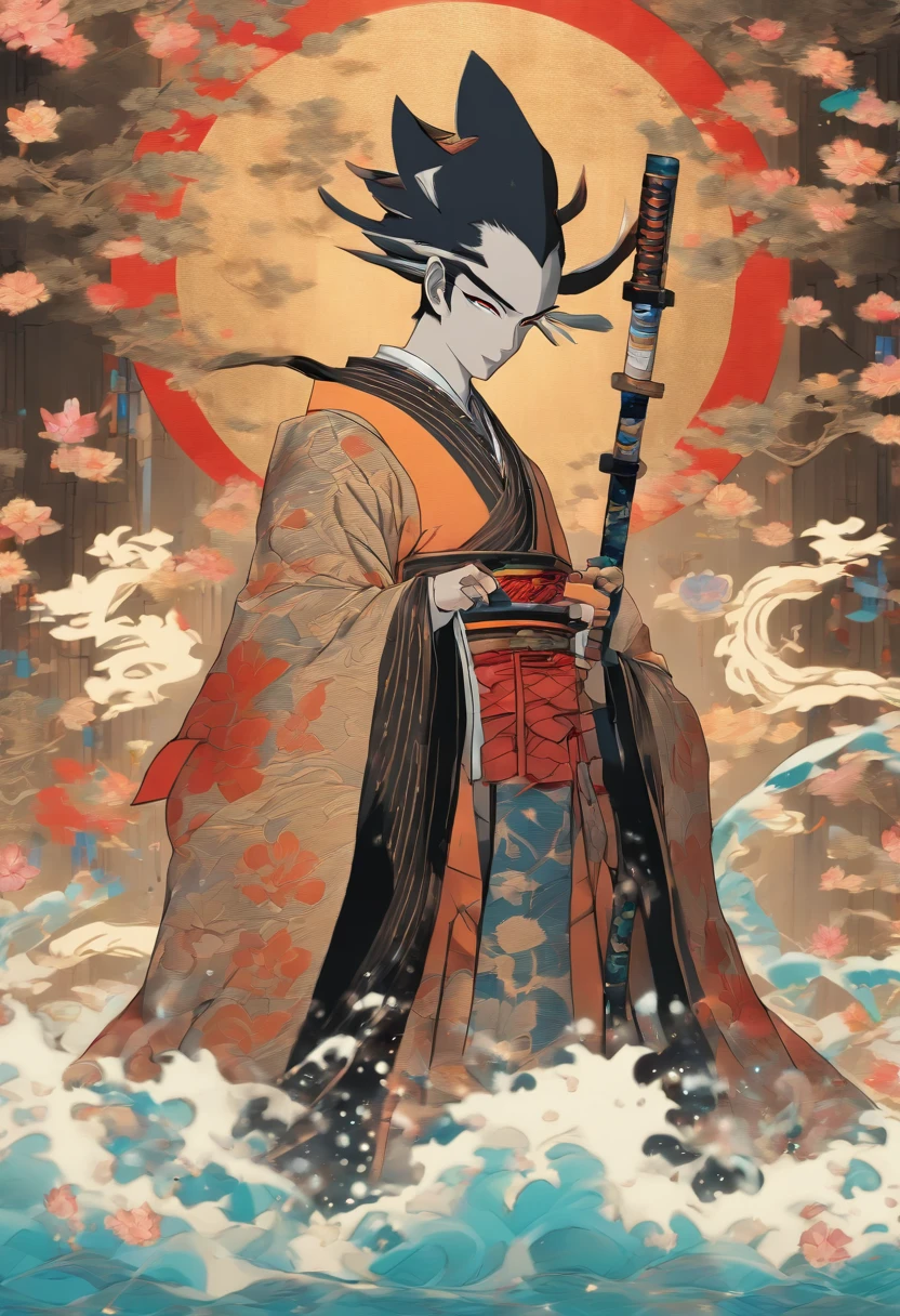 (((Izanagi))),Man,Black hair, spear, Japanese man, Lunar Entourage, Feudal Japan, water, spear underwater, Shui Mo Hua, lotus, Chinese painting style, Thangka style, master piece, lunar light, depth of field, best quality