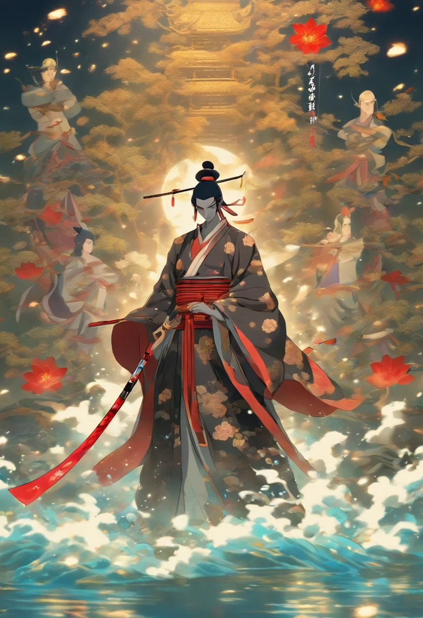 (((Izanagi))),Man,Black hair, spear, Japanese man, Lunar Entourage, Feudal Japan, water, spear underwater, Shui Mo Hua, lotus, Chinese painting style, Thangka style, master piece, lunar light, depth of field, best quality
