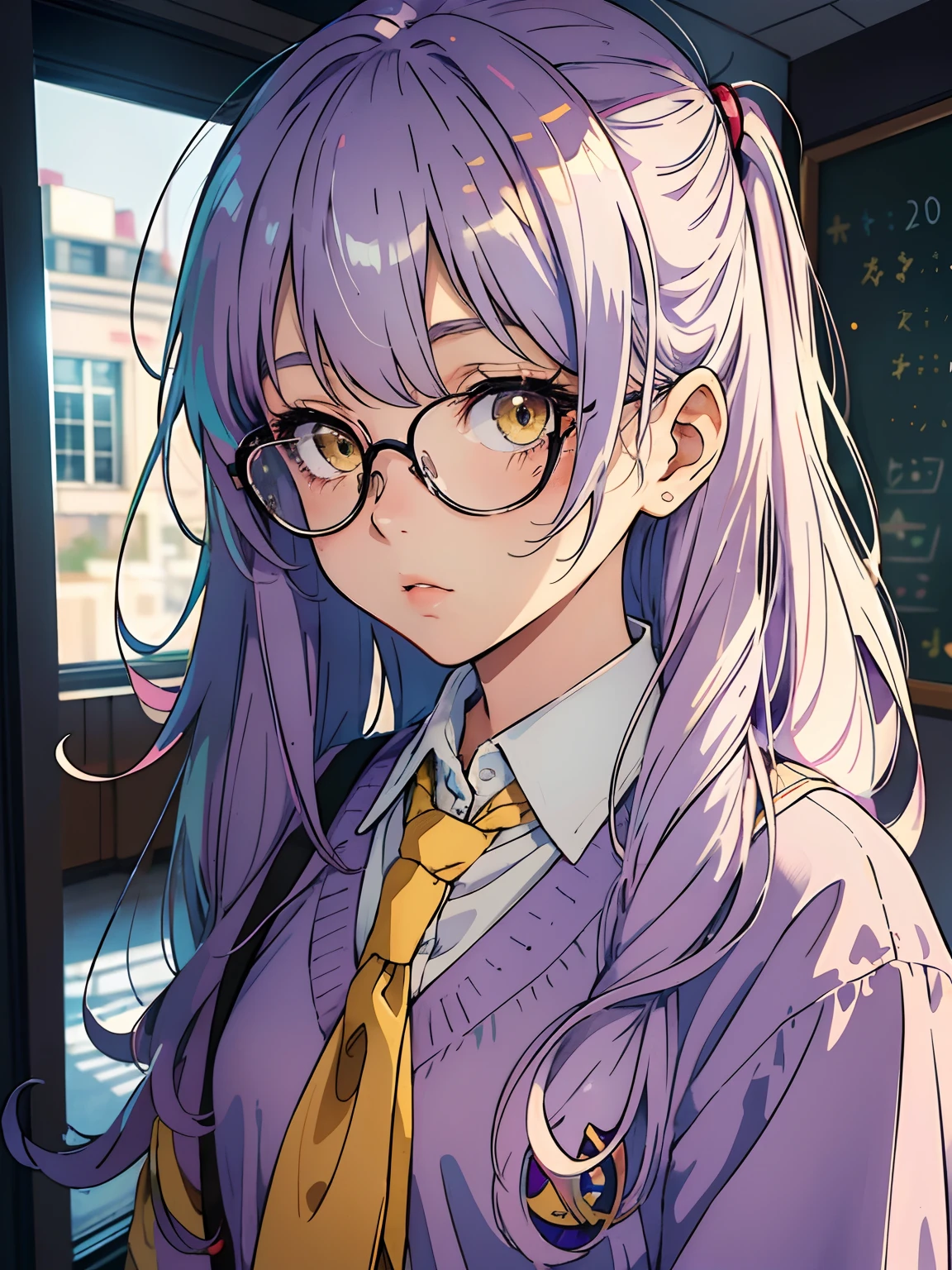 ((masterpiece, best quality)), (1girl, anime girl in retro style),(loli, little girl, school girl), (solo), (female focus), (light pale purple hair, messy hair, long hair),yellow eyes, glasses, ((school uniform)) , shy, portraits, close up, upper body, vibrant colors, soft lighting, looking straight forward