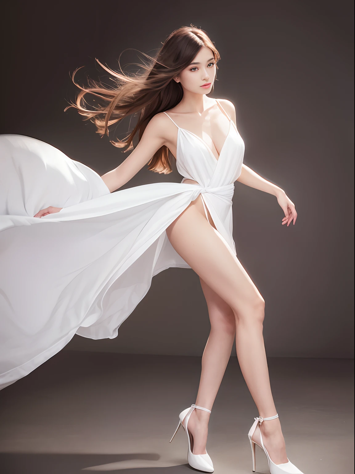 Highest Quality, excellent details, 超A high resolution, (fidelity: 1.4), The best illustrations, Photograph the whole body,favor details, Highly condensed 1girl, with a delicate and beautiful face, Delicate collarbones, hightquality, Shyness,Frolic,dance,Soft buttocks,toppless,bare upper body,At the observatory,Wear white high heels,robe blanche
