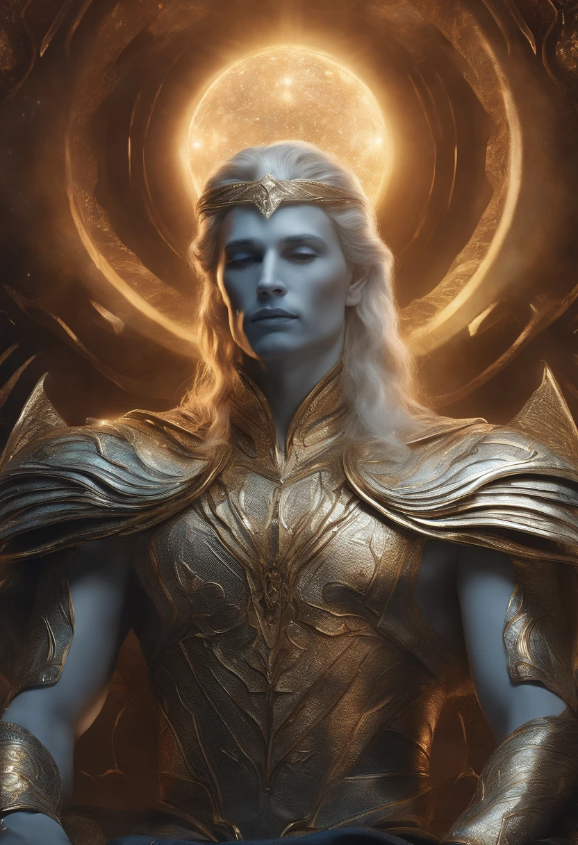 um close up de uma pessoa em um terno prateado com um disco voador, inspirado em Sigurd Swane, 8 0's estilo tomasz alen kopera, XQC, Zoltan, Elon Musk como um deus grego, inspirado em Jan de Baen, Rio Masculino, elven angel meditating in space, Nordic futuristic concept art, Macho loiro elfo ranger